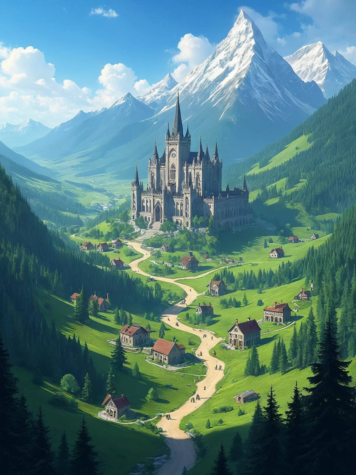 military academy is a city , in a beautiful picturesque valley, fantasy game, magic fantasy, fabulous buildings,top view, crystals, gothic