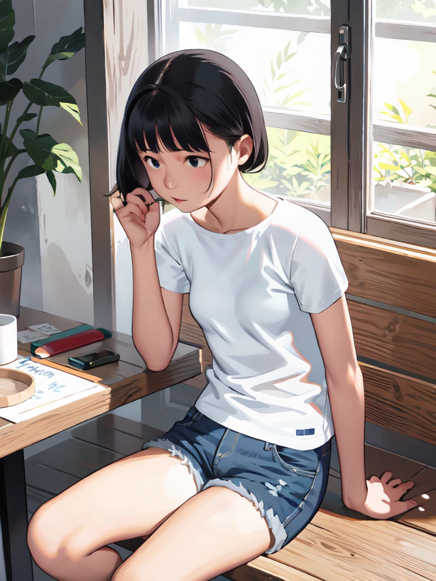 nsfw、white t-shirt、short denim hot pants、Sit down scratching Hu、