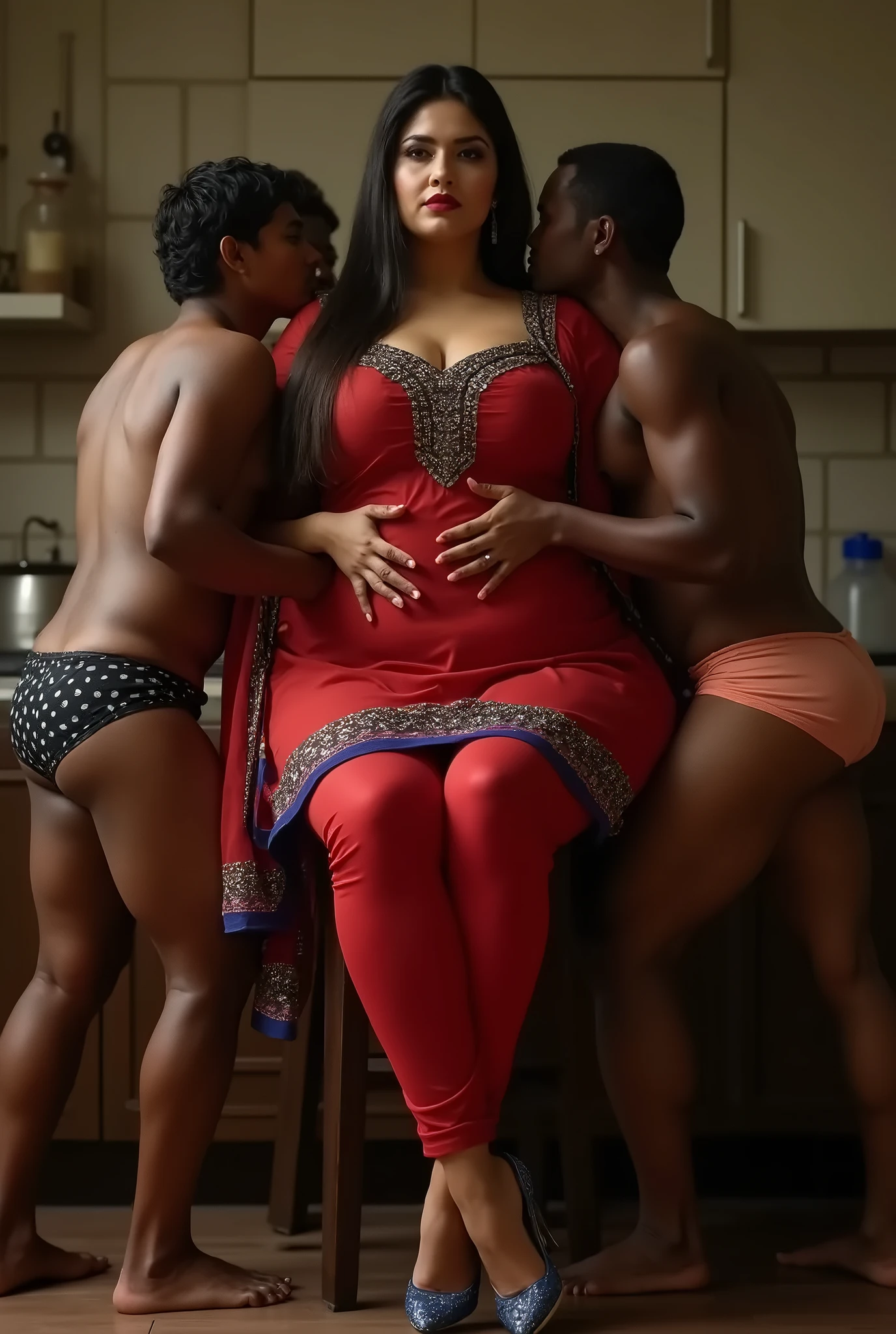 A fully naked plus sized South Indian girl standing in a bed room with a group of boys
