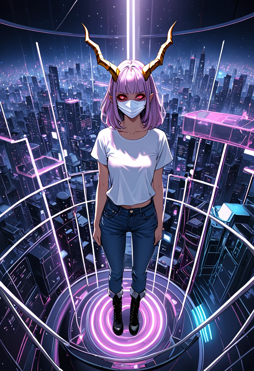 Pinhole photography, Realistic animation, Wide angle effect ,  Succubus girl with golden horns wears a white mask、、Cherry blossoms、 light purple short sleeve t-shirt 、Denim shirt、Denim pants 、 put her hands in the coat pocket  ,  black boots , Overlooking the earth , From above,  focus on the face and eyes ,  super detailed,  Line Art ,style,ladder,platform,Astral Body , Multiple roles , Different roles , character design ,Terrifying and bloody, Signs of Death  ,  is very detailed,More details,  Smooth and Smooth Brushstrokes  , Shining neon lights ,City Skyline,Planetarium , dynamic posture,Single focus