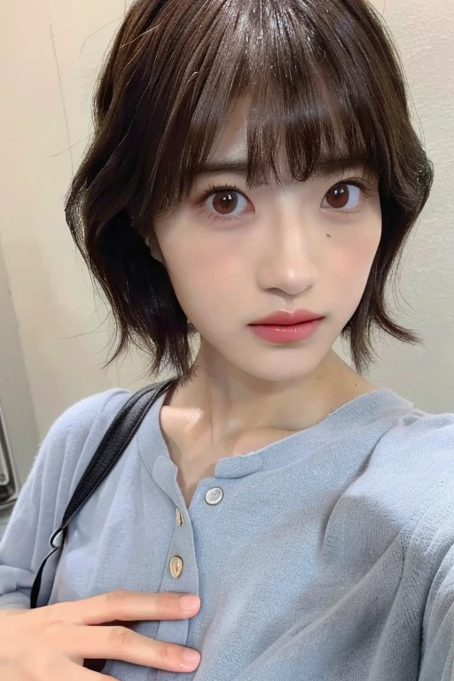 ((Best Quality)), ((masterpiece)), (   Details),   perfect face , High image quality、bangs、Brown Hair、 short hair、eyelash、Big Eyes、  teal eyelids、double、Namida bag   、 Japanese、Beautiful Face、162cm 、21 years old、   natural makeup、  sexy、Big Breasts、Beauty、Droopy eyes、 model body type、8K images、  blue dress、