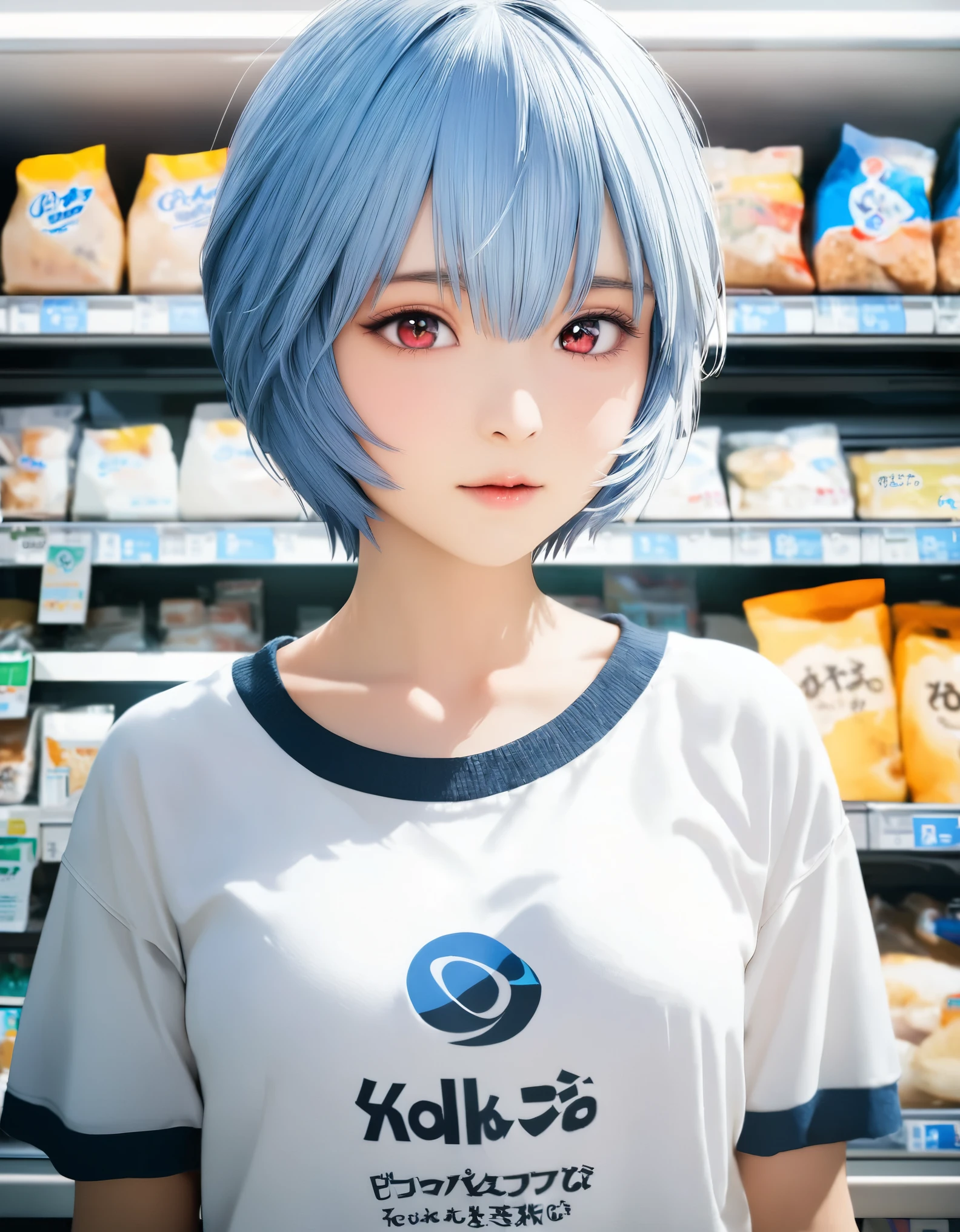 (best quality, 8k, high resolution:1.2), 1girl, ayanami_rei, Convenience store, upper body