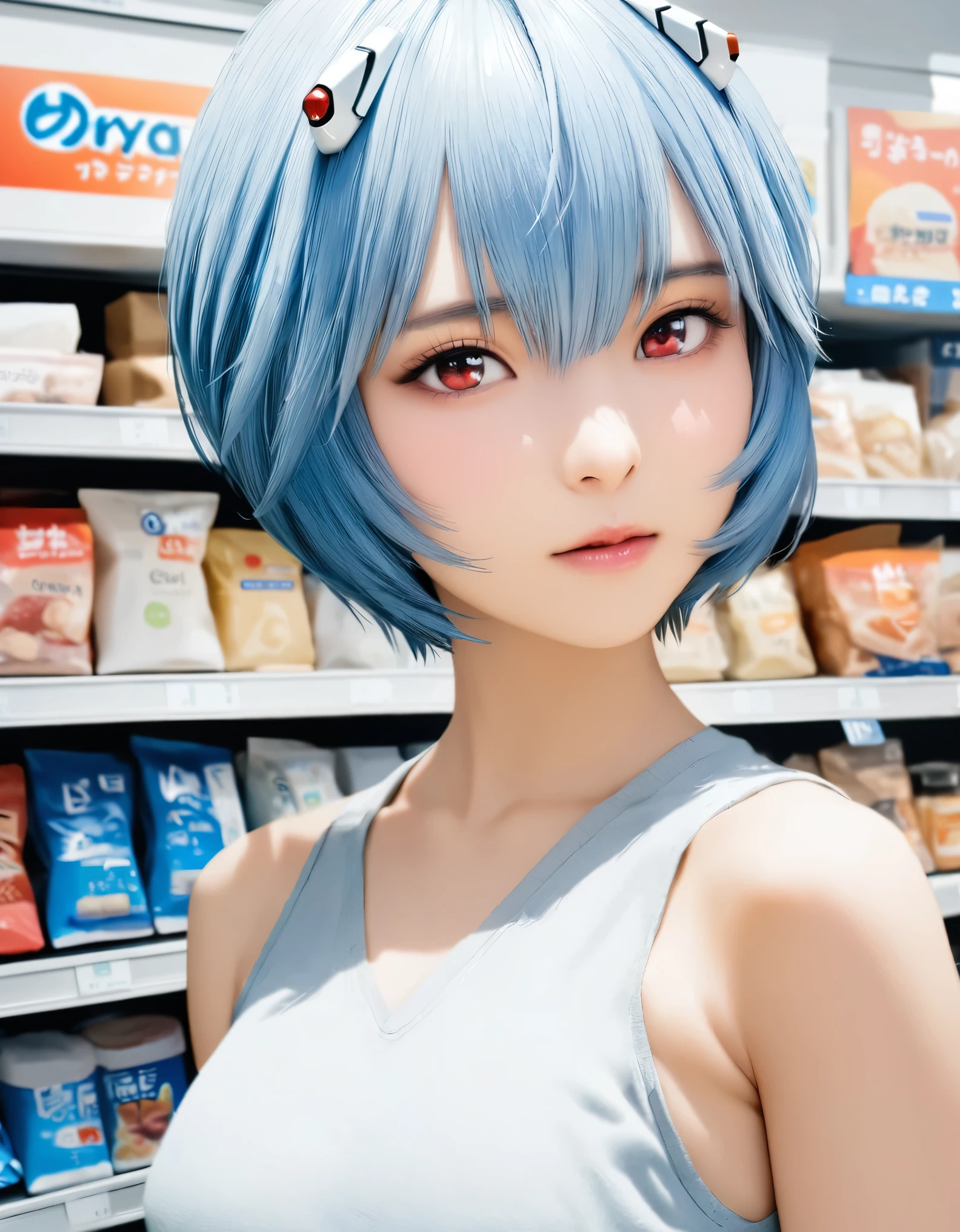 (best quality, 8k, high resolution:1.2), 1girl, ayanami_rei, Convenience store, upper body