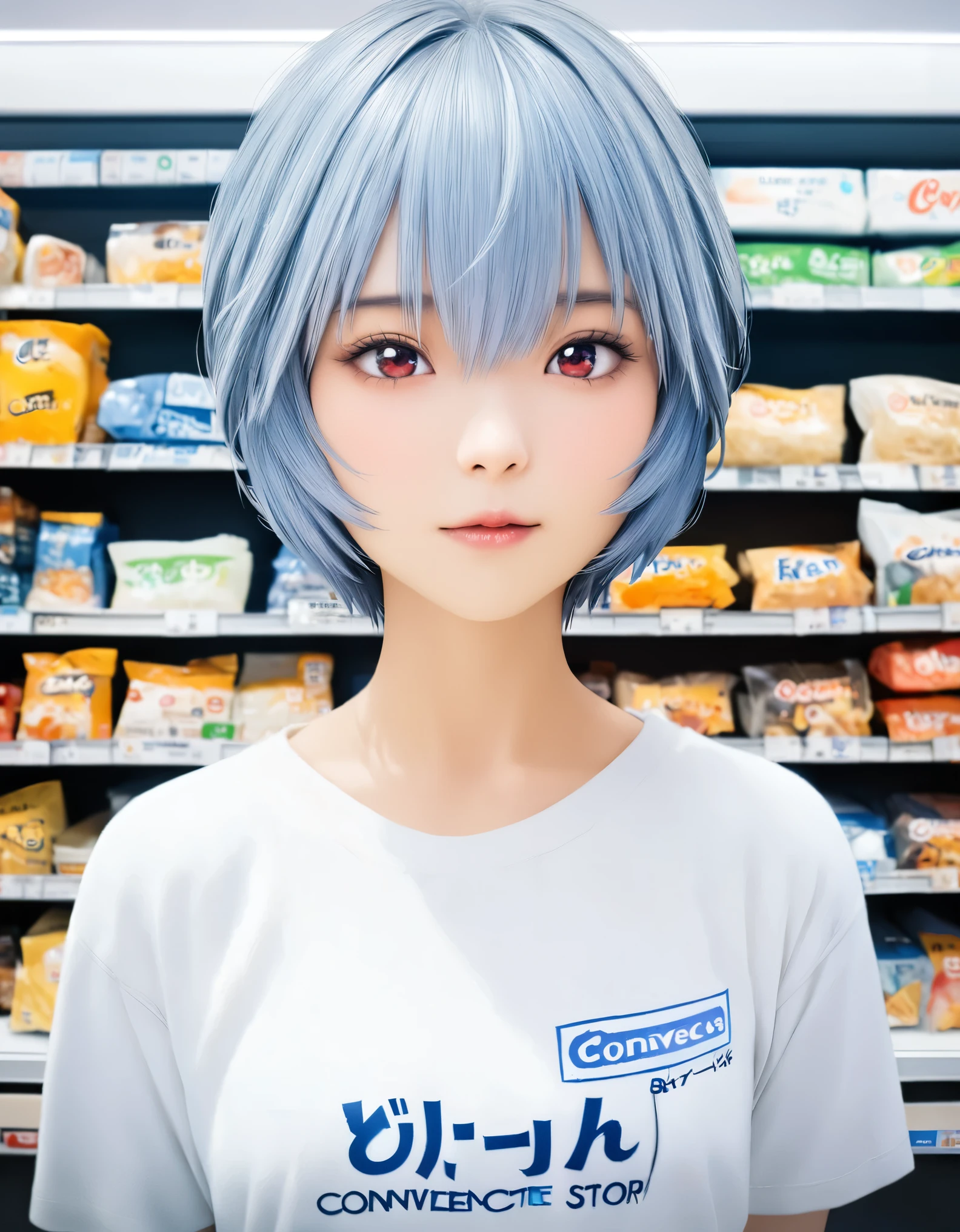 (best quality, 8k, high resolution:1.2), 1girl, ayanami_rei, Convenience store, upper body