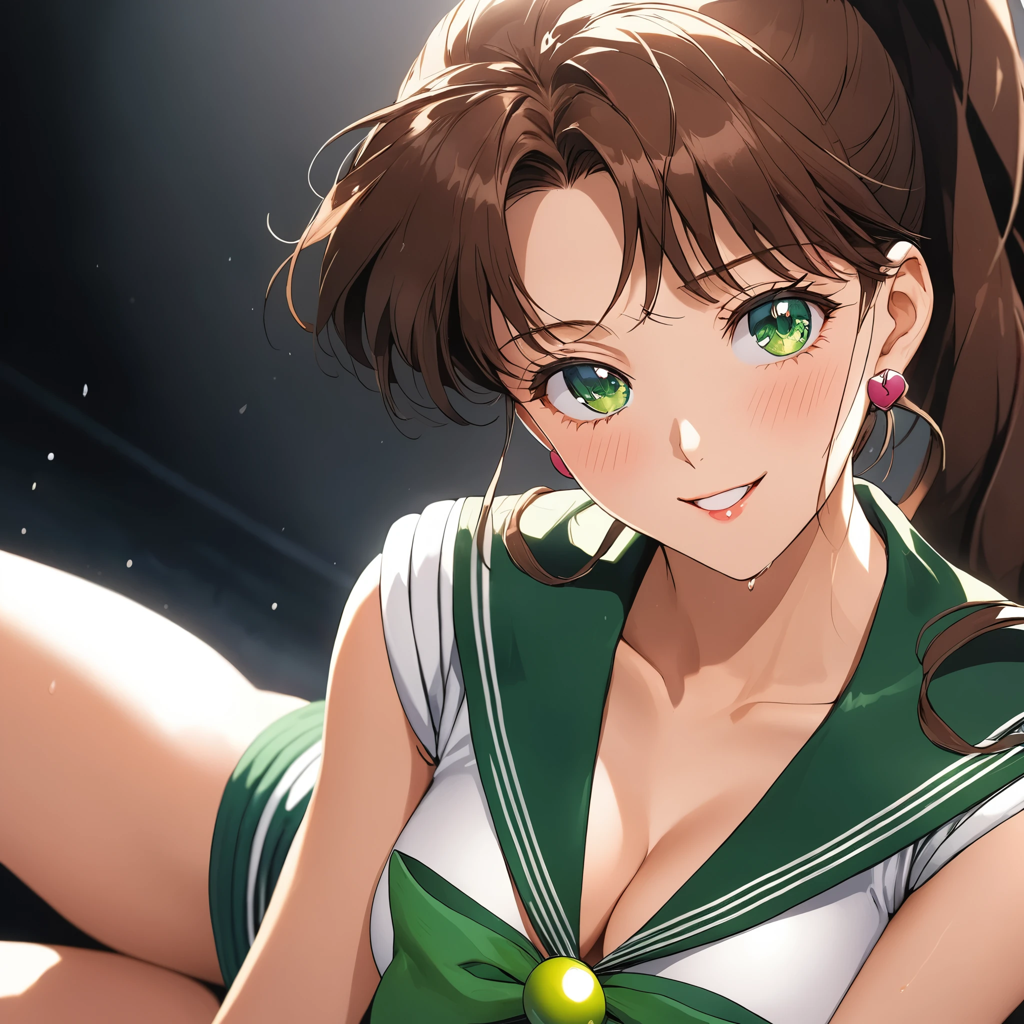 masterpiece, Best Quality, High resolution,16k,official art,super detailed skin,detailed,animated painting,(Makoto Kino),1990s \(style\),(E-cup beautiful breasts)、 (tall:1.2),height: 175cm,Fashion model body type、Sexy long legs, Brown long hair,ponytail、 sexyな長い脚, (sailor jupiter costume:1.5),green Scrunchie,green eyes,Sweating all over the body,Muscular、1girl,solo,nsfw,(Ahegao:1.2),smile,blush,(vulgarity:1.2)、Anime-style painting style,Close up on upper body,Cinematic lighting,Superfine,magnificent view、Seductively Posing,dynamic angle,closeup,white background