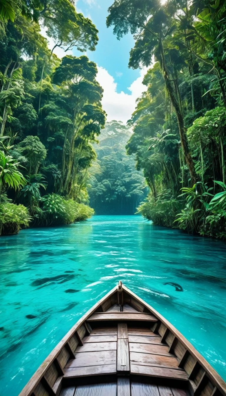 POV in a wooden boat , The boat is in the middle of the fast flowing full with fresh water aquatic animals aqua blue crystal clear river. The river is surrounded by tall rainforest trees on both sides. The background reveals a stunningly beautiful wide aqua blue crystal clear river view. There's lots of freshwatesh swimming in the river. There's bit in water river aquatic plant. The lighting is soft.