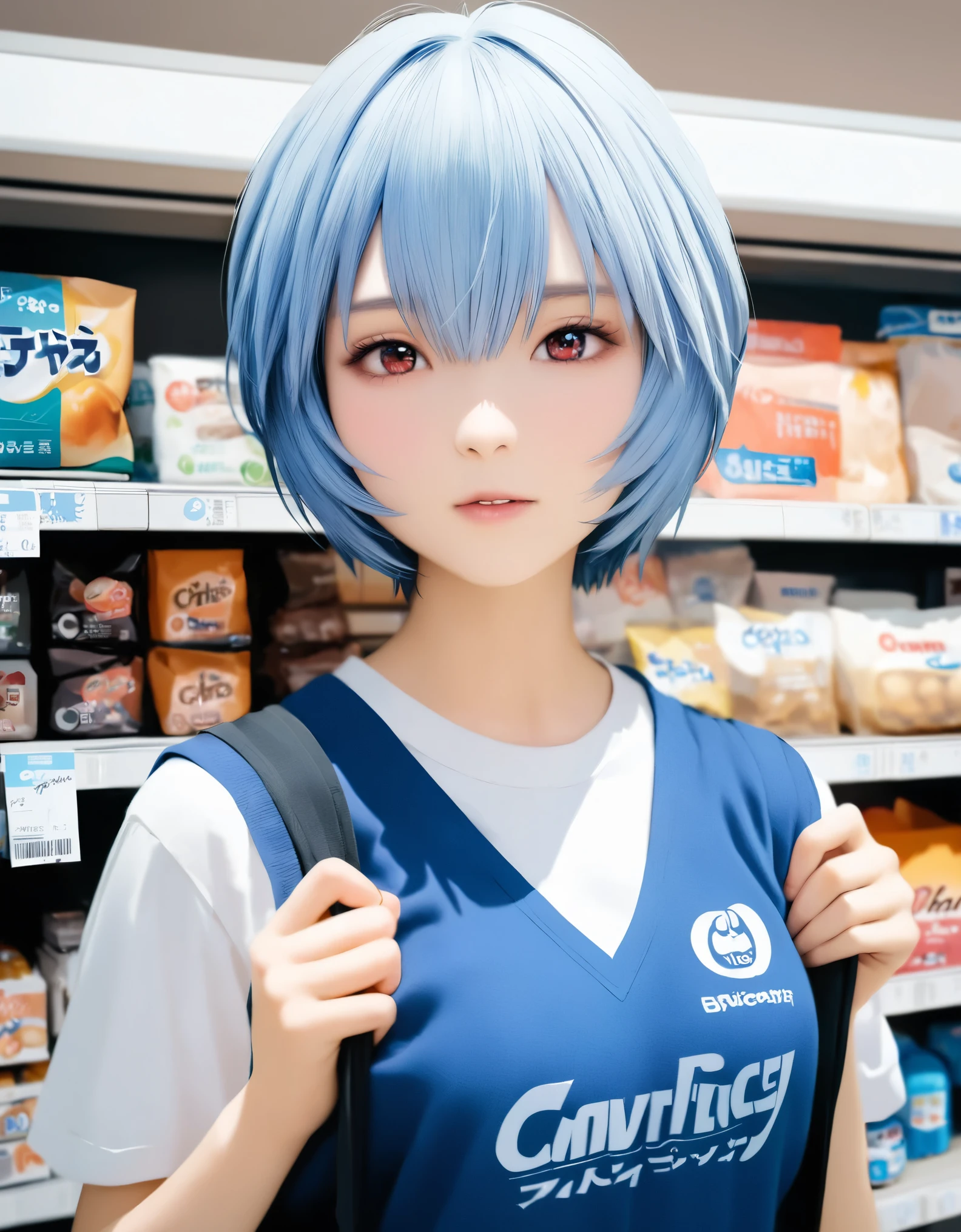 (best quality, 8k, high resolution:1.2), 1girl, ayanami_rei, Convenience store, upper body