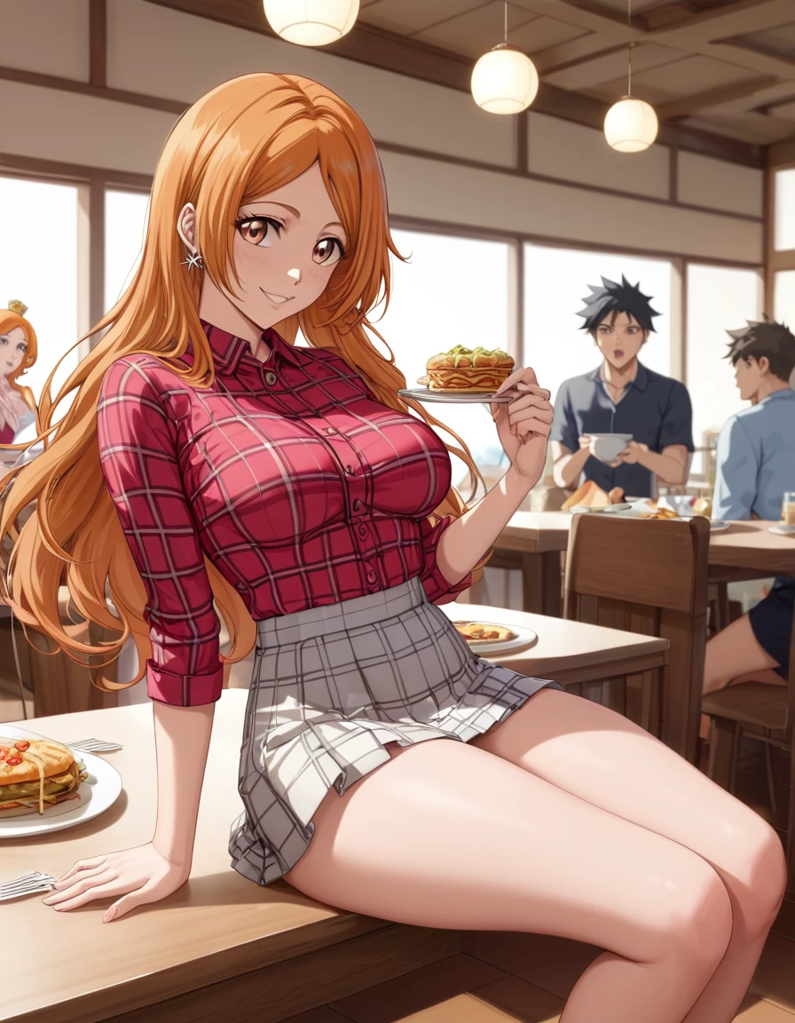  score_9,  score_8,  score_7, anime､Inoue Orihime in bleach、 Ambient Light ,  Shading、Disheveled Hair:1.2、Detailed eyes、 plaid shirt 、Longs skirt、medium breasts, EROTIC ANATOMY,(( thin thighs))、Bitch、((Dinner Party、Crowded、5 Thinning Haired Guys 、))、Exposing the breasts:1.1、front、Dropping clothes:1.2、smile、