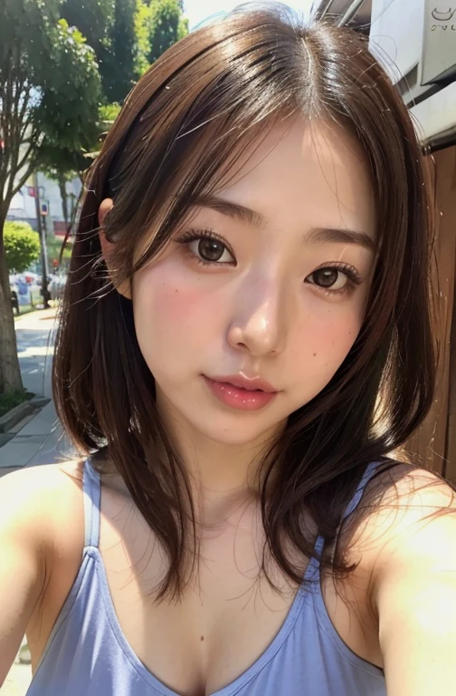 japanese girl, girl in summer clothes, top shot,((selfie)), random background, kiss, beautiful, huge breasts, flirtatious look, ((very detailed)), (perfectly detailed face), (well detailed hand), photorealistic image.