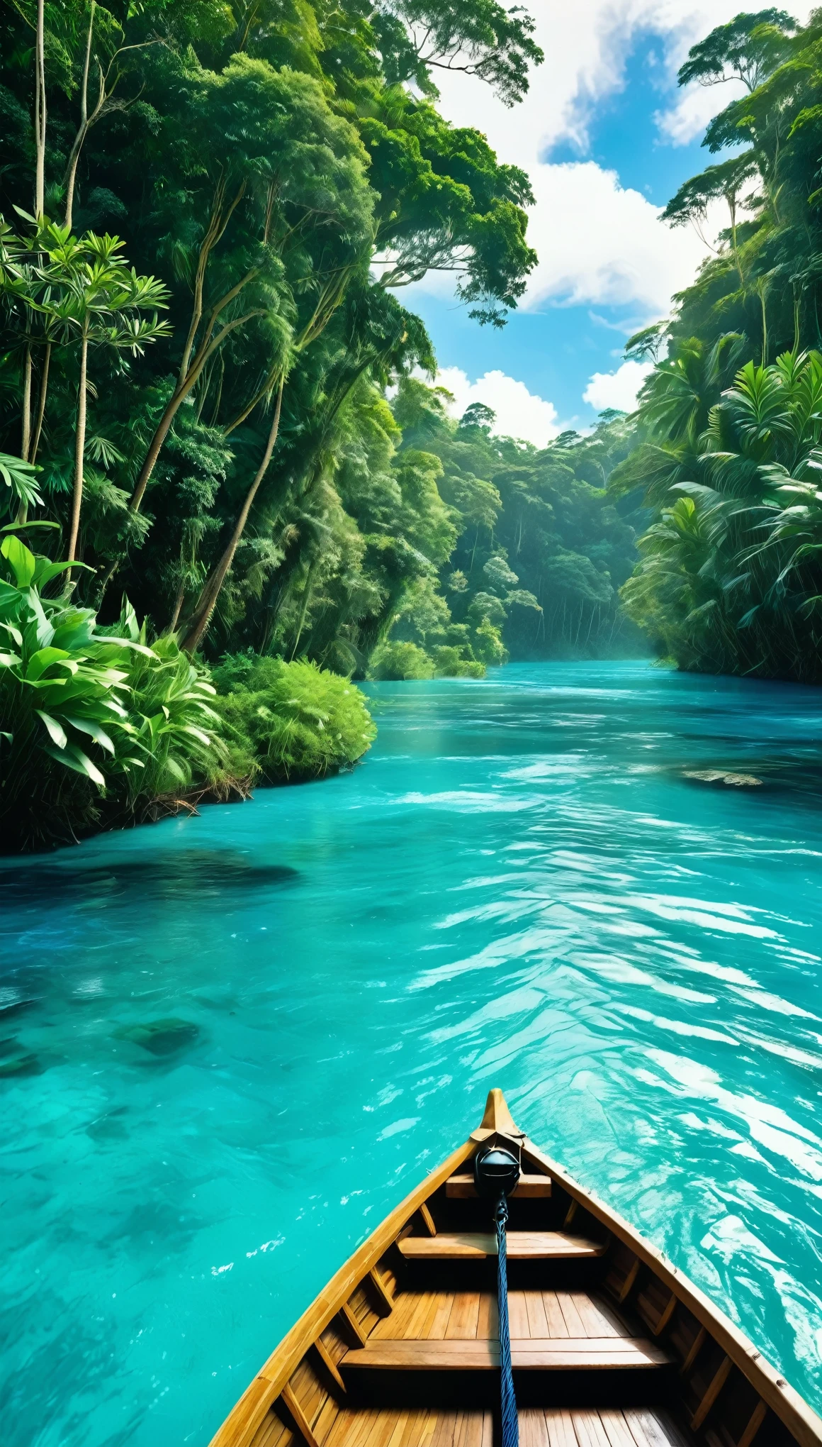 POV in a wooden boat , The boat is in the middle of the fast flowing full with fresh water aquatic animals aqua blue crystal clear river. The river is surrounded by tall rainforest trees on both sides. The background reveals a stunningly beautiful wide aqua blue crystal clear river view. There's lots of freshwatesh swimming in the river. There's bit in water river aquatic plant. The lighting is soft.