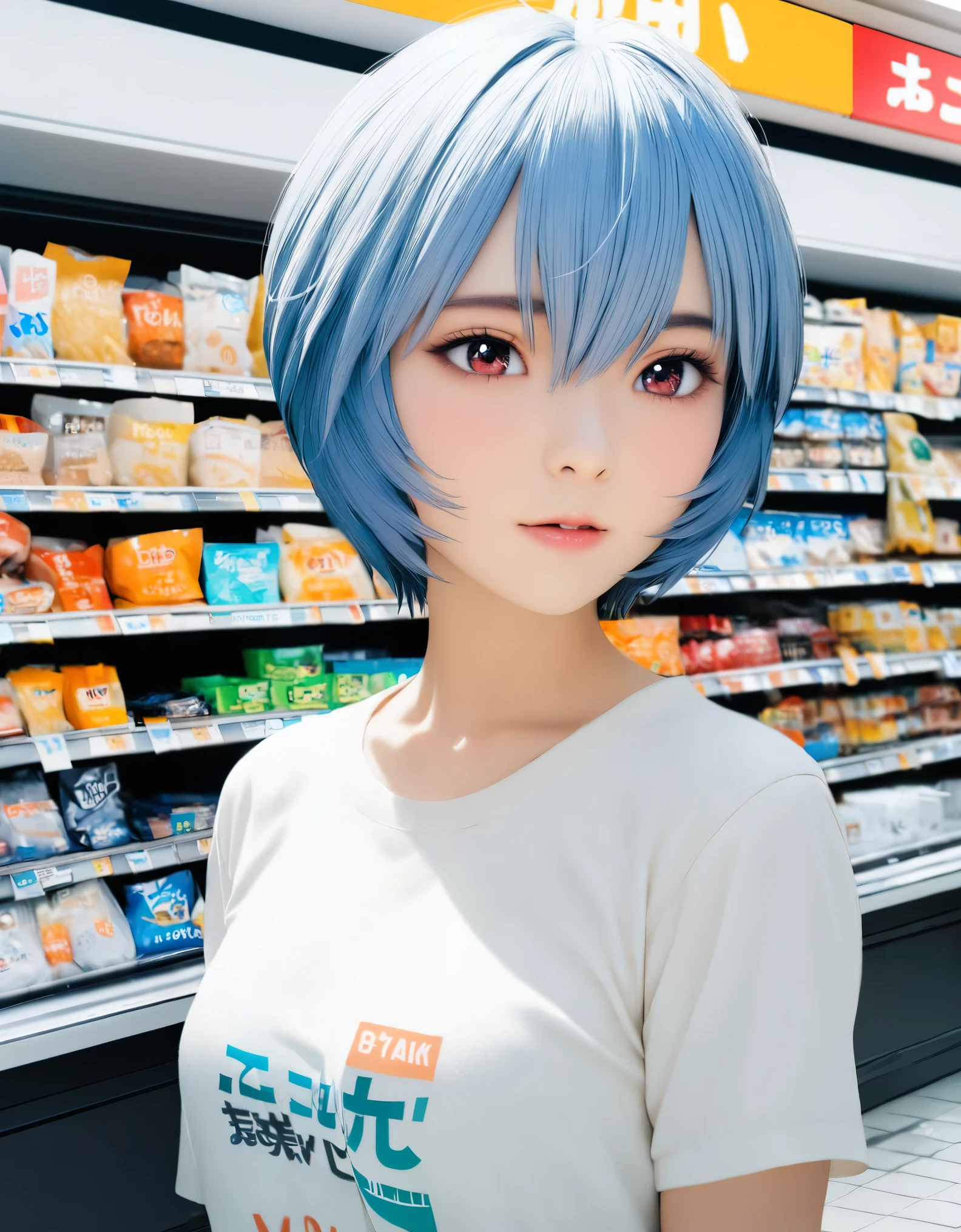 (best quality, 8k, high resolution:1.2), 1girl, ayanami_rei, Convenience store, upper body