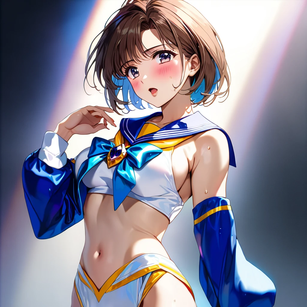 masterpiece, Best Quality, High resolution,16k,official art,super detailed skin,detailed,animated painting,(Yuna),(Final Fantasy 10),1990s \(style\),(E-cup beautiful breasts)、 (tall:1.2),height: 175cm,Fashion model body type、(sailor mercury costume:1.5),Sexy long legs,Navel exposed,Abdominal muscles、Sweating all over the body、vapor、Muscular、1girl,nsfw,shy,(Ahegao:1.2),blush,(vulgarity:1.2)、Anime-style painting style,Brown Hair,shortcut hair、Close up on upper body,Cinematic lighting,Superfine,magnificent view,Seductively Posing,extreme closeup shot ,simple white background