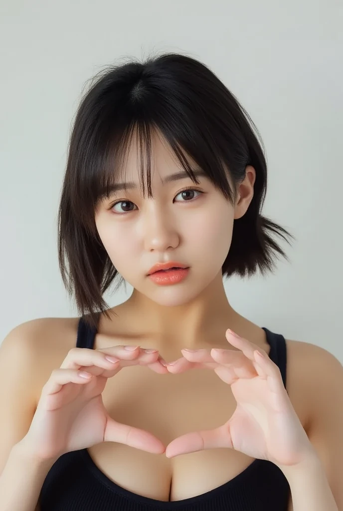 She is in a pose wearing a black camisole, making a firm big heart shape with both hands, and holding it in front of her chest, Cute smile up、Monotone background

