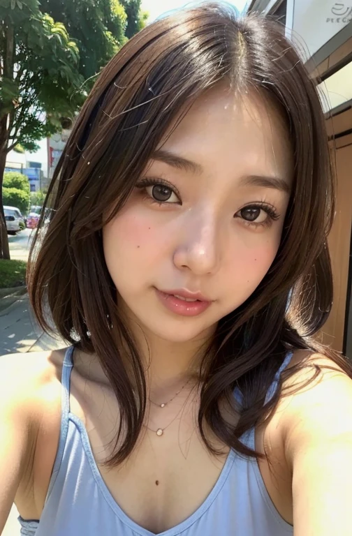 japanese girl, girl in summer clothes, top shot,((selfie)), random background, kiss, beautiful, huge breasts, flirtatious look, ((very detailed)), (perfectly detailed face), (well detailed hand), photorealistic image.