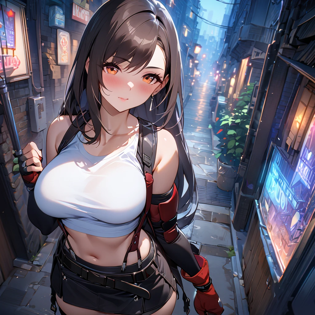 Highest quality、Best Quality、 masterpiece、Mysterious back alley、Detailed cityscape、Night view、Tifa Lockhart、