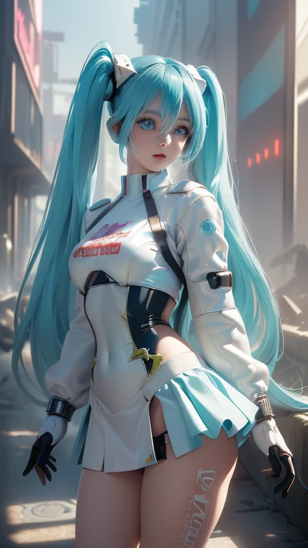 (la mejor calidad,A high resolution,Ultra - detailed,actual), Miku Hatsune bikini white , ,(Ruined alley Tokyo cyberpunk dungeon ruins background :1.4 ),  big breasts , dynamic pose , (green hair twin tails) ,(white short miniskirt:1.4), cabello muy largo) , Put your arms behind your back, ( Beautiful Blue Eyes:1.4) , relaxed face, eyebrow hair, Shiny hair,,(Ruined dungeon ruins background:1.4 ),  shiny skin, a slight smile, racing miku, black body, short jacket, white jacket, long sleeve, two tone gloves, thigh high boots,,(Ruined dungeon ruins background nublado lluvia :1.4 ),( masterpiece : 1.4), (8K, realistic, raw photo, la mejor calidad: 1.4),(Miku Hatsune:1.4), (Miku-hatsune V2.1), (details of the face: 1.5, ( beautiful blue eyes  :1.4) , (hermoso rostro, thin lips: 1.5) , delgado, pale and sharp eyebrows, long, dark eyelashes, Double eyelashes), perfect hands : 1.5, (Kinematics V2.1),( dynamic pose), (perfect anatomy), (detailed face :1.4), (no mutations) 