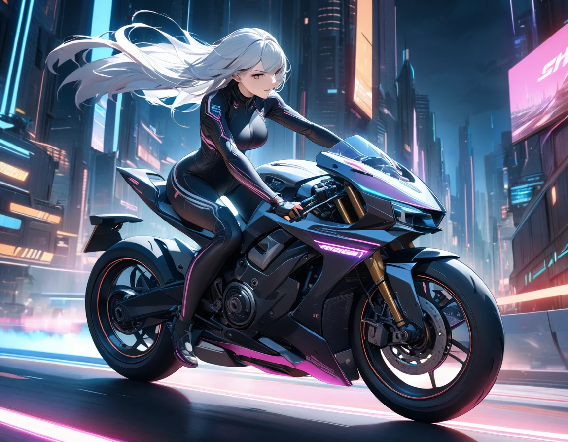 (((Best quality, 8k, Masterpiece: 1.3)), ((best quality)), ((masterpiece)), (detailed), perfect face, A futuristic female motorcycle racer with silver hair flowing in the wind, riding a sleek, high-tech bike at high speed. She wears a sci-fi inspired bodysuit with metallic accents, designed aerodynamically for speed and agility. Her intense expression shows focus as she races through a neon-lit, futuristic cityscape with tall buildings, holographic billboards, and glowing trails of light behind her bike. The scene is dynamic and fast-paced, capturing the energy of a high-speed race in a high-tech, cyberpunk world.