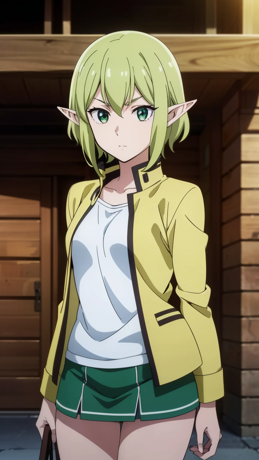 (masterpiece, best quality, high resolution, 8k:1.2), (anime coloring:1.2), highly detailed, beautiful eyes, perfect eyes, fine eyes, green eyes, featuring big highlights, detailed face, highly detailed, fine eyes, symmetrical eyes, one girl, alone, (mature face:1.6), elf ears, light green hair, short hair, (small medium breast), slim, nffsw, (jacket, shirt, super mini skirt, boots, city), looking at the viewer, in the center of the image, (cowboy shot:1.2), dutch angle,