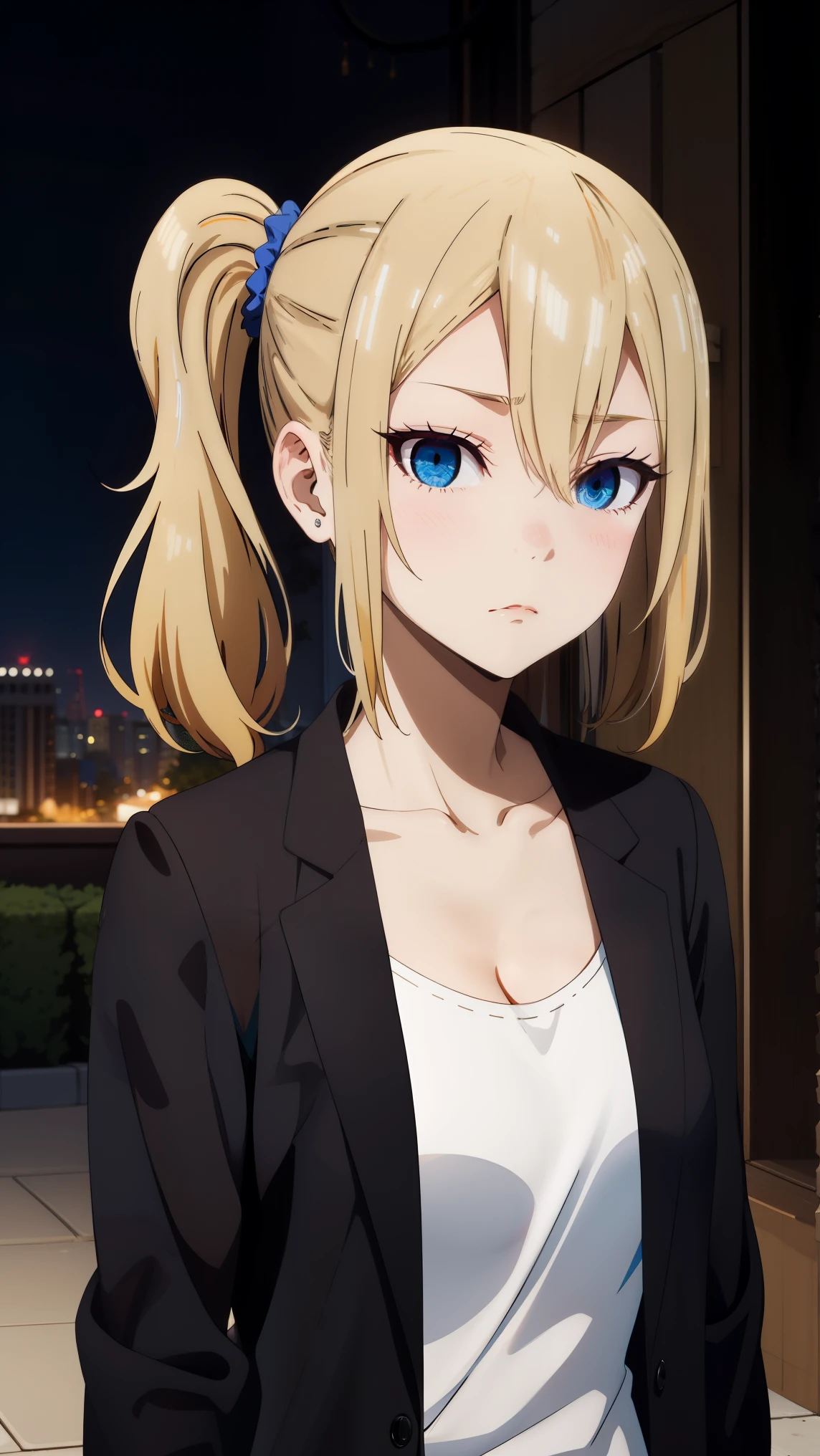 anatomically correct, best quality, masterpiece, high quality, high details, highres, HD, (shaded face:1.2), hollow eyes, dark-blue eyes, looking at viewer, gloom (expression), makeup, lips, aihayasakav4, blonde hair, side ponytail, scrunchie, solo, 1girl, night, blurry, city_lights, cityscape, large_breasts, blurry_background, bangs, breasts, asymmetrical_hair, ponytail, jewelry, blush, pants, solo, blue_eyes, swept_bangs, outdoors, jacket, city, collarbone, night_sky, long_hair, looking_at_viewer, depth_of_field