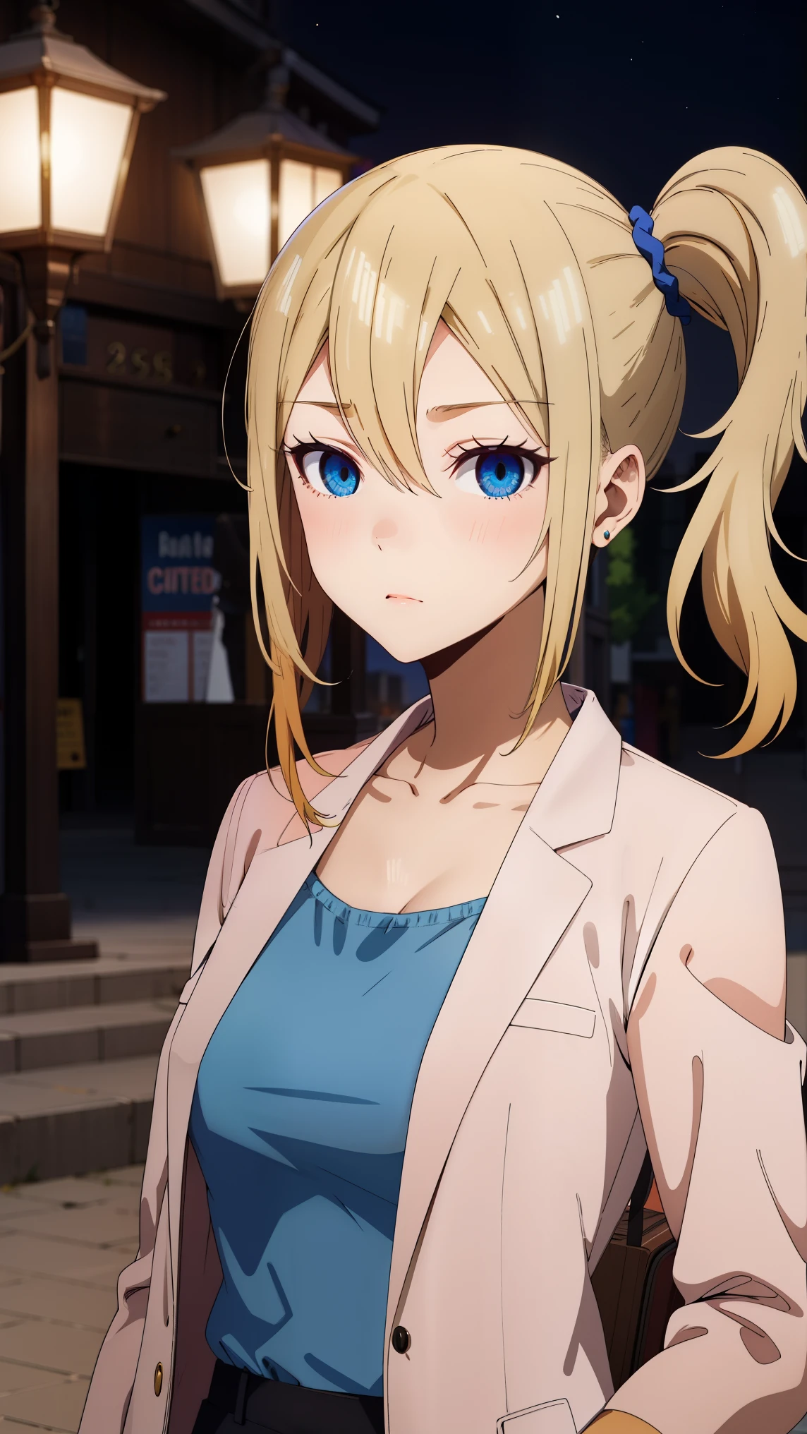 anatomically correct, best quality, masterpiece, high quality, high details, highres, HD, (shaded face:1.2), hollow eyes, dark-blue eyes, looking at viewer, gloom (expression), makeup, lips, aihayasakav4, blonde hair, side ponytail, scrunchie, solo, 1girl, night, blurry, city_lights, cityscape, large_breasts, blurry_background, bangs, breasts, asymmetrical_hair, ponytail, jewelry, blush, pants, solo, blue_eyes, swept_bangs, outdoors, jacket, city, collarbone, night_sky, long_hair, looking_at_viewer, depth_of_field