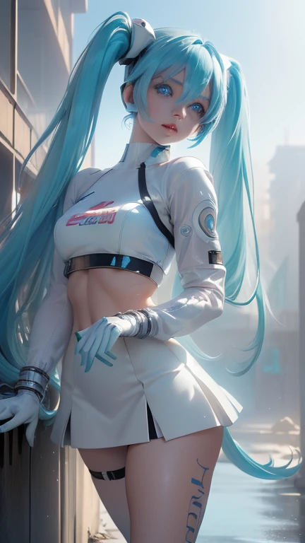 (la mejor calidad,A high resolution,Ultra - detailed,actual), Miku Hatsune bikini white , ,(Ruined alley Tokyo cyberpunk dungeon ruins background :1.4 ),  large breasts , dynamic pose , (green hair twin tails) ,(white short miniskirt:1.4), cabello muy largo), ( Beautiful Blue Eyes:1.4) , relaxed face, eyebrow hair, Shiny hair,,(Ruined dungeon ruins background:1.4 ),  shiny skin, a slight smile, racing miku, short jacket, white jacket, long sleeve, two tone gloves, thigh high boots,,(Ruined dungeon ruins background nublado lluvia :1.4 ),( masterpiece : 1.4), (8K, realistic, raw photo, la mejor calidad: 1.4),(Miku Hatsune:1.4), (Miku-hatsune V2.1), (details of the face: 1.5, ( beautiful blue eyes  :1.4) , (hermoso rostro, thin lips: 1.5) , delgado, pale and sharp eyebrows, long, dark eyelashes, Double eyelashes), perfect hands : 1.5, (Kinematics V2.1),( dynamic pose), (perfect anatomy), (detailed face :1.4), (no mutations) 