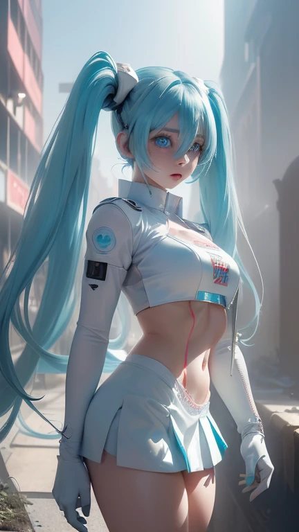 (la mejor calidad,A high resolution,Ultra - detailed,actual), Miku Hatsune bikini white , ,(Ruined alley Tokyo cyberpunk dungeon ruins background :1.4 ),  large breasts , dynamic pose , (green hair twin tails) ,(white short miniskirt:1.4), cabello muy largo), ( Beautiful Blue Eyes:1.4) , relaxed face, eyebrow hair, Shiny hair,,(Ruined dungeon ruins background:1.4 ),  shiny skin, a slight smile, racing miku, short jacket, white jacket, long sleeve, two tone gloves, thigh high boots,,(Ruined dungeon ruins background nublado lluvia :1.4 ),( masterpiece : 1.4), (8K, realistic, raw photo, la mejor calidad: 1.4),(Miku Hatsune:1.4), (Miku-hatsune V2.1), (details of the face: 1.5, ( beautiful blue eyes  :1.4) , (hermoso rostro, thin lips: 1.5) , delgado, pale and sharp eyebrows, long, dark eyelashes, Double eyelashes), perfect hands : 1.5, (Kinematics V2.1),( dynamic pose), (perfect anatomy), (detailed face :1.4), (no mutations) 