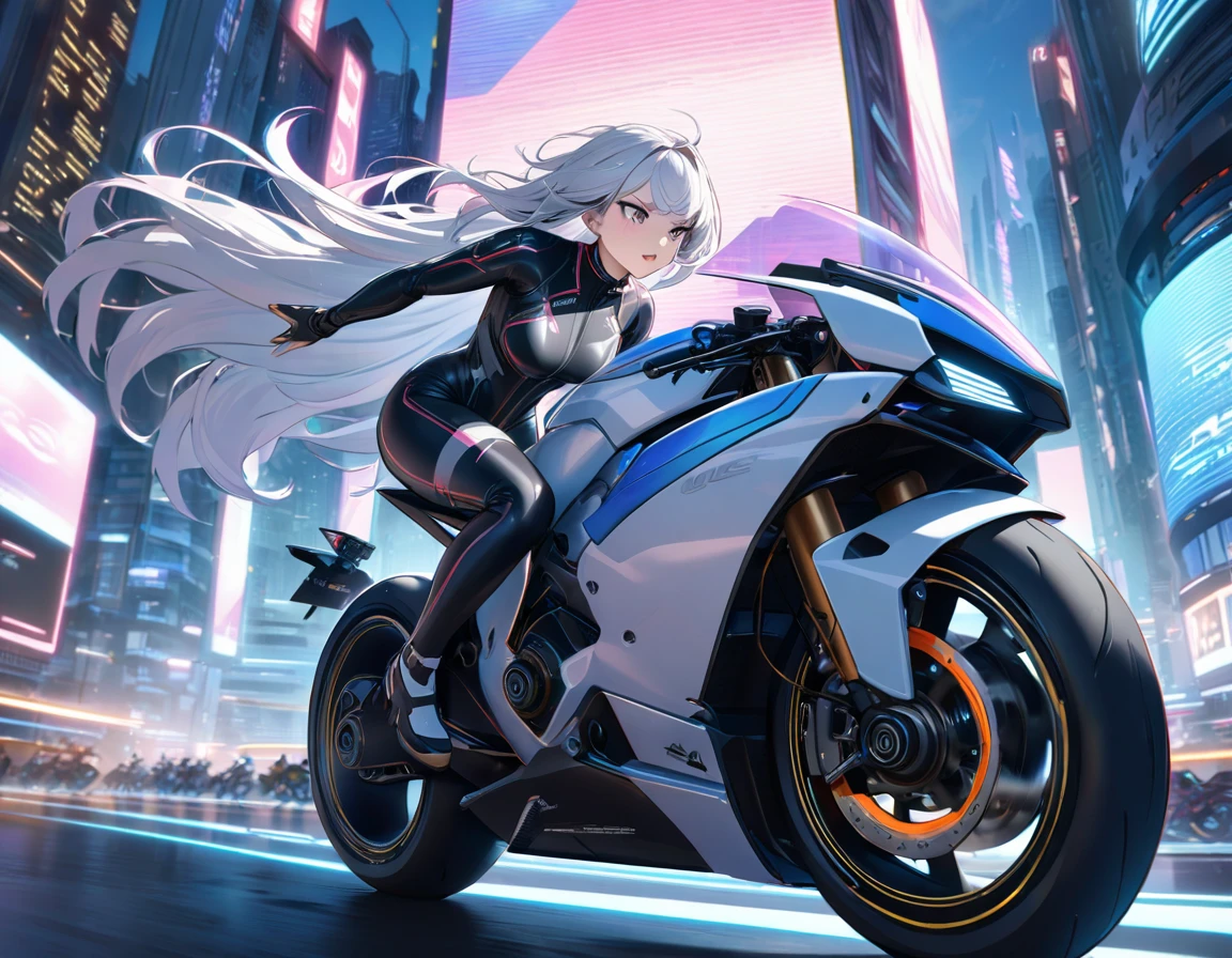 (((Best quality, 8k, Masterpiece: 1.3)), ((best quality)), ((masterpiece)), (detailed), perfect face, A futuristic female motorcycle racer with silver hair flowing in the wind, riding a sleek, high-tech bike at high speed. She wears a sci-fi inspired bodysuit with metallic accents, designed aerodynamically for speed and agility. Her intense expression shows focus as she races through a neon-lit, futuristic cityscape with tall buildings, holographic billboards, and glowing trails of light behind her bike. The scene is dynamic and fast-paced, capturing the energy of a high-speed race in a high-tech, cyberpunk world.