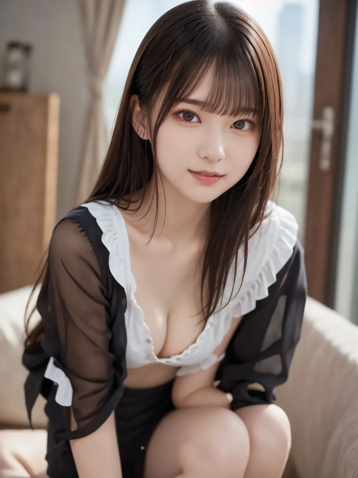  white shirt 、Complex and beautiful eyes、woman、 womanらしい黒髪、(Delicate and realistic hair、１Realistic hair)、bangs、 naturally colored lips、smile、((White indoor))、indoor、((18歳woman:1.2))、 young and adorable Japanese faces, Official Art， very detailedなCGユニティ8Kの壁紙，（masterpiece:1.0),(Best Quality:1.0), 超 high definition,4K, very detailed, photo shoot, 8k, NFFSW,  high definition, Kodak Portra 400,  film grain,  lens flare glow ,高いest quality,8k,NFFSW:1.2),  Portrait Shot ,8k、 viewer, (((Front View))), (((Front View))), ((facing))、 body facing forward、Bold cleavage、 tight chest、 small face, ((Bare legs))、Best Quality、 Super beautiful images、 upper body、stand up