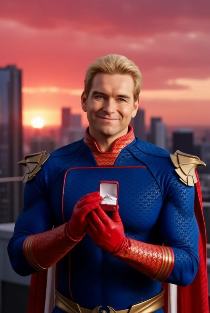 Homelander wearing a superhero outfit with a cape, blonde hair, blue eyes, red gloves, down on one knee, holding a small box with a diamond ring inside, proposing to the camera, POV proposal, 1boy, ((((((((((((((((((solo)))))))))))))))))), (((smiling))), full body, on the roof of a building in New York City, beautiful red sunset, picturesque, 4k, masterpiece, ((((looking at the camera)))), happy