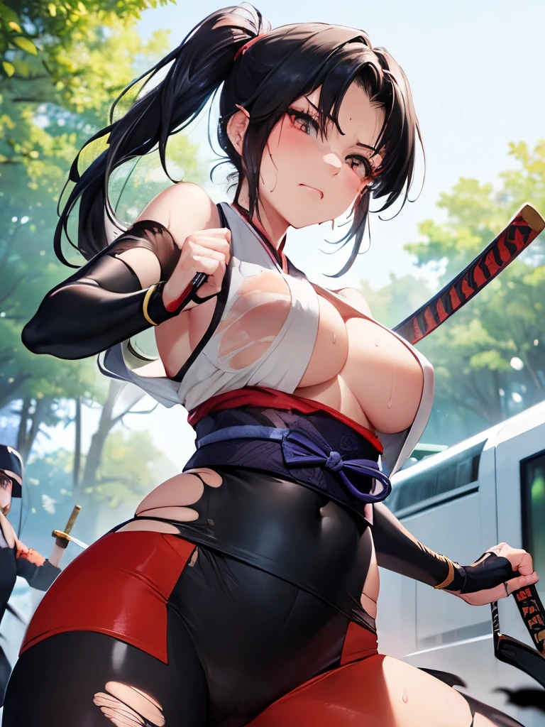 (( Ripped Ninja Clothes :1.4)), ((Fighting Ninja Girl :1.3)), ((Fight enemies with Japanese swords:1.4))、( holds a Japanese sword :1.4)、One girl,  Award Winning Photos  ,   very detailed, Focused on the face, 20 years old、  Black Hair  、    glowing skin  、 Unnatural face ,From below、 Insulated 、  Train Your Long, Thin Nasal Cavity ,(In the forest)、(Sharp Nose) Frowning   performance  :1.4, concept,teeth,  performance  ,facial   performance  s, Frowning,Please lift your head、((  Sweaty and shiny skin   ,Sweaty skin)), Frowning   performance  