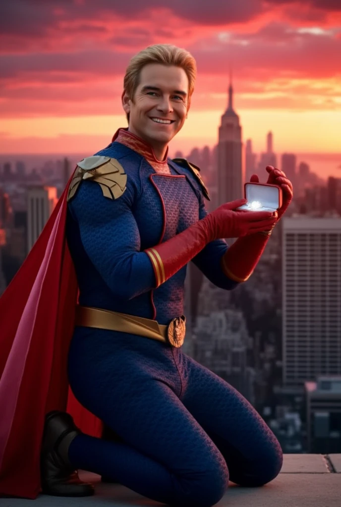 Homelander wearing a superhero outfit with a cape, blonde hair, blue eyes, red gloves, down on one knee, holding a small box with a diamond ring inside, proposing to the camera, POV proposal, 1boy, ((((((((((((((((((solo)))))))))))))))))), (((smiling))), full body, on the roof of a building in New York City, beautiful red sunset, picturesque, 4k, masterpiece, ((((looking at the camera)))), happy