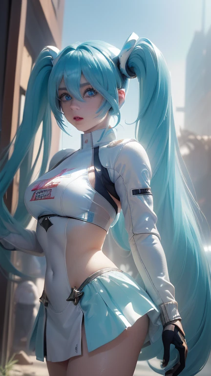 (la mejor calidad,A high resolution,Ultra - detailed,actual), Miku Hatsune bikini white, (Ruined alley Tokyo cyberpunk dungeon ruins background :1.4 ),  large breasts, dynamic pose , (green hair twin tails) ,(white short miniskirt:1.4), cabello muy largo), ( Beautiful Blue Eyes:1.4) , relaxed face, eyebrow hair, Shiny hair,,(Ruined dungeon ruins background:1.4 ),  shiny skin, a slight smile, racing miku, short jacket, white jacket, long sleeve, two tone gloves, thigh high boots,,(Ruined dungeon ruins background nublado lluvia :1.4 ),( masterpiece : 1.4), (8K, realistic, raw photo, la mejor calidad: 1.4),(Miku Hatsune:1.4), (Miku-hatsune V2.1), (details of the face: 1.5, ( beautiful blue eyes  :1.4) , (hermoso rostro, thin lips: 1.5) , delgado, pale and sharp eyebrows, long, dark eyelashes, Double eyelashes), perfect hands : 1.5, perfect small ass: 1.5, (Kinematics V2.1),( dynamic pose), (perfect anatomy), (detailed face :1.4), (no mutations) 