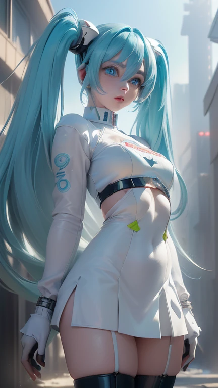 (la mejor calidad,A high resolution,Ultra - detailed,actual), Miku Hatsune bikini white, (Ruined alley Tokyo cyberpunk dungeon ruins background :1.4 ),  large breasts, dynamic pose , (green hair twin tails) ,(white short miniskirt:1.4), cabello muy largo), ( Beautiful Blue Eyes:1.4) , relaxed face, eyebrow hair, Shiny hair,,(Ruined dungeon ruins background:1.4 ),  shiny skin, a slight smile, racing miku, short jacket, white jacket, long sleeve, two tone gloves, thigh high boots,,(Ruined dungeon ruins background nublado lluvia :1.4 ),( masterpiece : 1.4), (8K, realistic, raw photo, la mejor calidad: 1.4),(Miku Hatsune:1.4), (Miku-hatsune V2.1), (details of the face: 1.5, ( beautiful blue eyes  :1.4) , (hermoso rostro, thin lips: 1.5) , delgado, pale and sharp eyebrows, long, dark eyelashes, Double eyelashes), perfect hands : 1.5, perfect small ass: 1.5, (Kinematics V2.1),( dynamic pose), (perfect anatomy), (detailed face :1.4), (no mutations) 