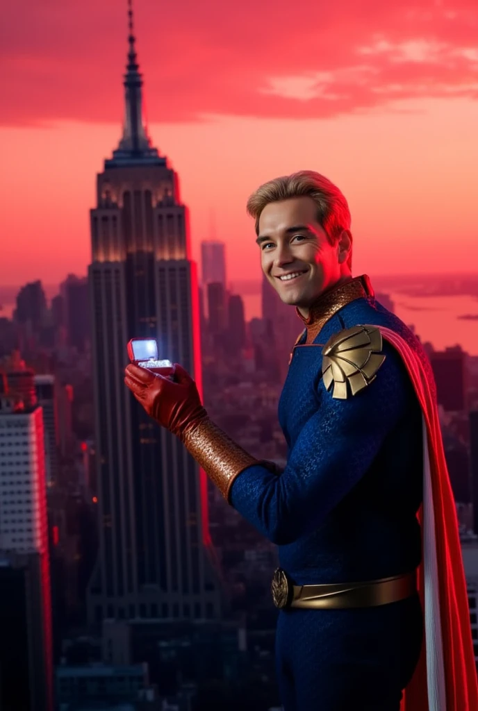 Homelander wearing a superhero outfit with a cape, blonde hair, blue eyes, red gloves, down on one knee, holding a small box with a diamond ring inside, proposing to the camera, POV proposal, 1boy, ((((((((((((((((((solo)))))))))))))))))), (((smiling))), full body, on the roof of a building in New York City, beautiful red sunset, picturesque, 4k, masterpiece, ((((looking at the camera)))), happy