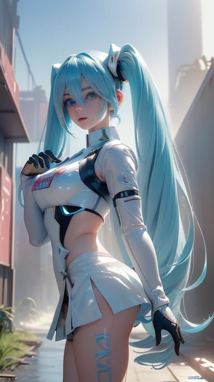 (la mejor calidad,A high resolution,Ultra - detailed,actual), Miku Hatsune bikini white, (Ruined alley Tokyo cyberpunk dungeon ruins background :1.4 ), large breasts, dynamic pose , young body, young girl, (green hair twin tails) ,(white short miniskirt:1.4), cabello muy largo), ( Beautiful Blue Eyes:1.4) , relaxed face, eyebrow hair, Shiny hair,,(Ruined dungeon ruins background:1.4 ), shiny skin, a slight smile, racing miku, short jacket, white jacket, long sleeve, two tone gloves, thigh high boots,,(Ruined dungeon ruins background nublado lluvia :1.4 ),( masterpiece : 1.4), (8K, realistic, raw photo, la mejor calidad: 1.4),(Miku Hatsune:1.4), (Miku-hatsune V2.1), (details of the face: 1.5, ( beautiful blue eyes :1.4) , (hermoso rostro, thin lips: 1.5) , delgado, pale and sharp eyebrows, long, dark eyelashes, Double eyelashes), perfect hands : 1.5, perfect small ass: 1.5, (Kinematics V2.1),( dynamic pose), (perfect anatomy), (detailed face :1.4), (no mutations)