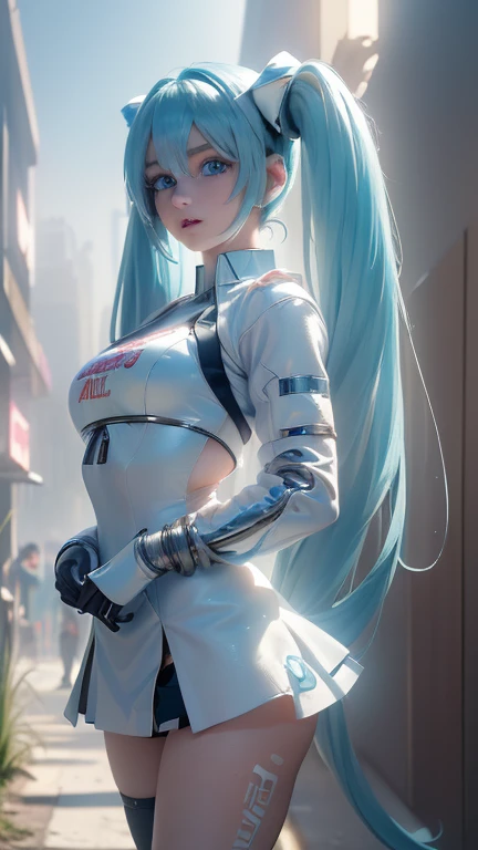 (la mejor calidad,A high resolution,Ultra - detailed,actual), Miku Hatsune bikini white, (Ruined alley Tokyo cyberpunk dungeon ruins background :1.4 ), large breasts, dynamic pose , young body, young girl, (green hair twin tails) ,(white short miniskirt:1.4), cabello muy largo), ( Beautiful Blue Eyes:1.4) , relaxed face, eyebrow hair, Shiny hair,,(Ruined dungeon ruins background:1.4 ), shiny skin, a slight smile, racing miku, short jacket, white jacket, long sleeve, two tone gloves, thigh high boots,,(Ruined dungeon ruins background nublado lluvia :1.4 ),( masterpiece : 1.4), (8K, realistic, raw photo, la mejor calidad: 1.4),(Miku Hatsune:1.4), (Miku-hatsune V2.1), (details of the face: 1.5, ( beautiful blue eyes :1.4) , (hermoso rostro, thin lips: 1.5) , delgado, pale and sharp eyebrows, long, dark eyelashes, Double eyelashes), perfect hands : 1.5, perfect small ass: 1.5, (Kinematics V2.1),( dynamic pose), (perfect anatomy), (detailed face :1.4), (no mutations)