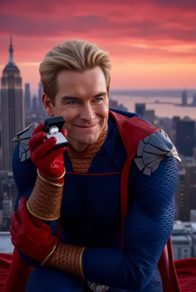 Homelander wearing a superhero outfit with a cape, blonde hair, blue eyes, red gloves, down on one knee, holding a small box with a diamond ring inside, proposing to the camera, POV proposal, 1boy, ((((((((((((((((((solo)))))))))))))))))), (((smiling))), full body, on the roof of a building in New York City, beautiful red sunset, picturesque, 4k, masterpiece, ((((looking at the camera)))), happy