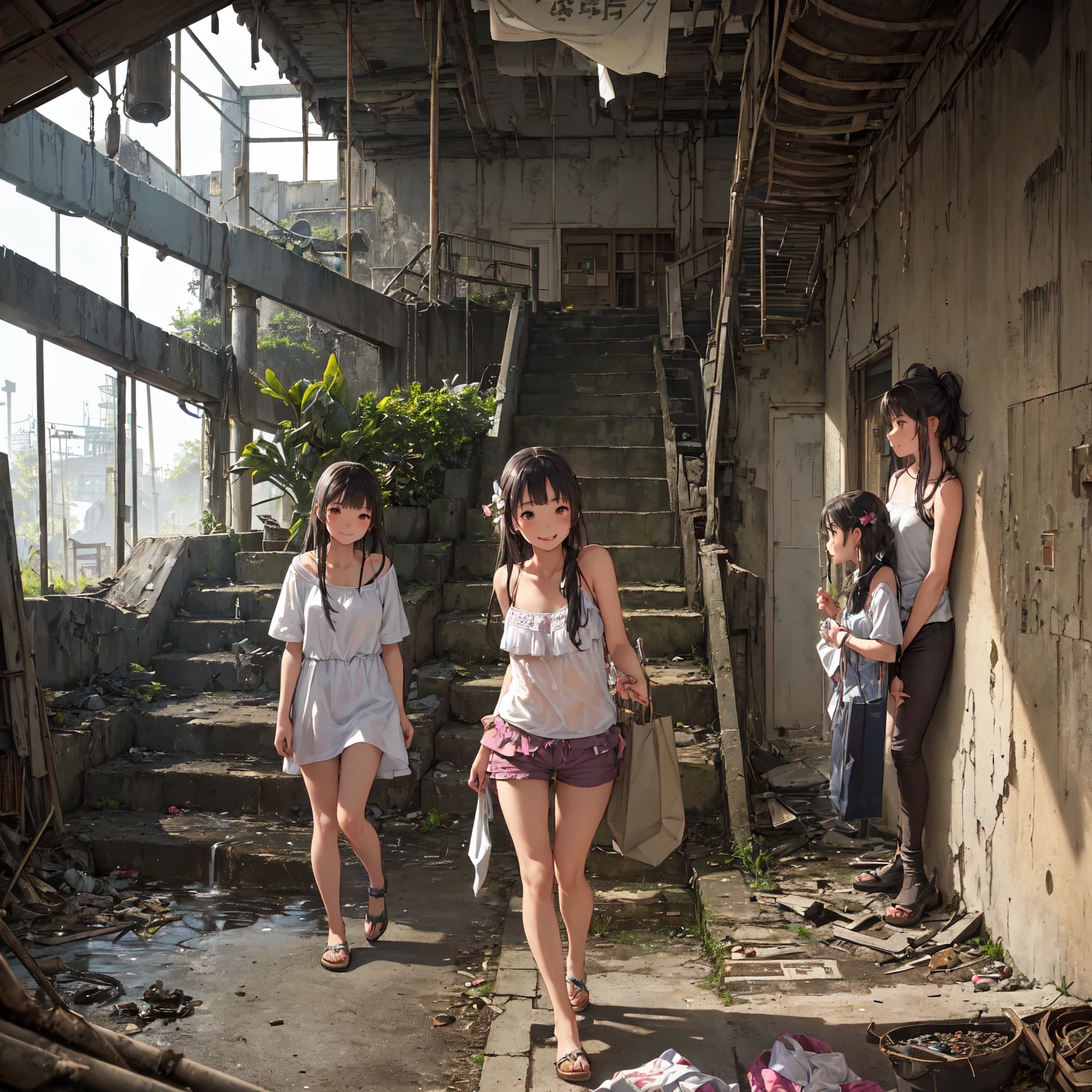 
(masterpiece、Best Quality)、((3 girls、Girl in summer clothes 、Detailed face、smile)、Have fun with everyone 、(Poor conditions)、( housing complex、An abandoned hot spring town 、Dark and unsanitary、Bulky garbage、Battleship Island:1.2、Stairs to the basement、 underground shopping mall)、 perfect anatomy 