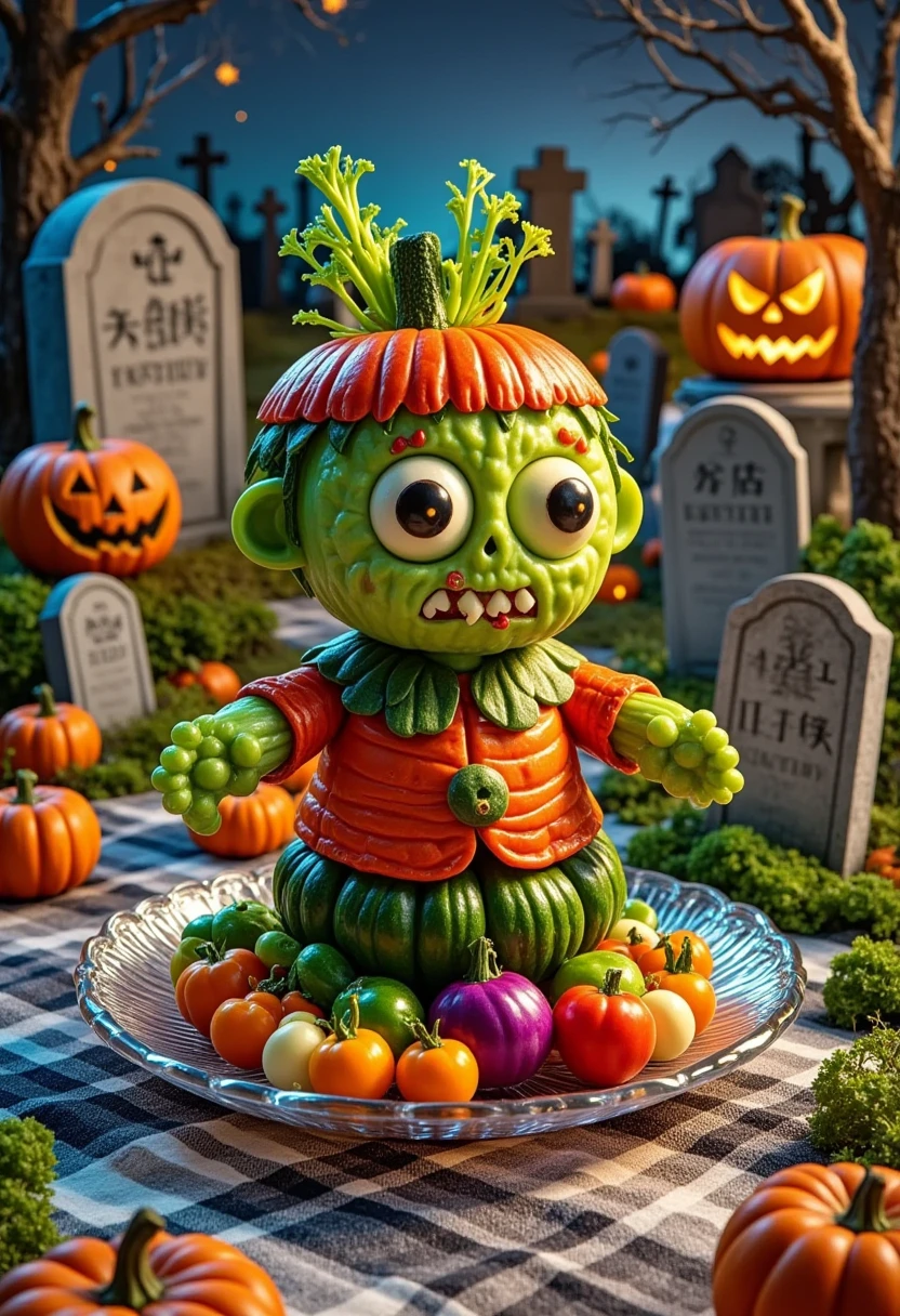 Halloween night，All kinds of vegetables are cleverly put together into a cute zombie from the Qing dynasty in China，Realistic Photography，Food Carving ，unique styling，Colorful colors ，Vivid colors， Standing on a high-grade transparent jade plate ，Spooky cemetery， Covered with a checkered tablecloth ，Detailed depiction， Food Product Photography ，Film and television lighting effects，Advanced Filters，Octane Rendering