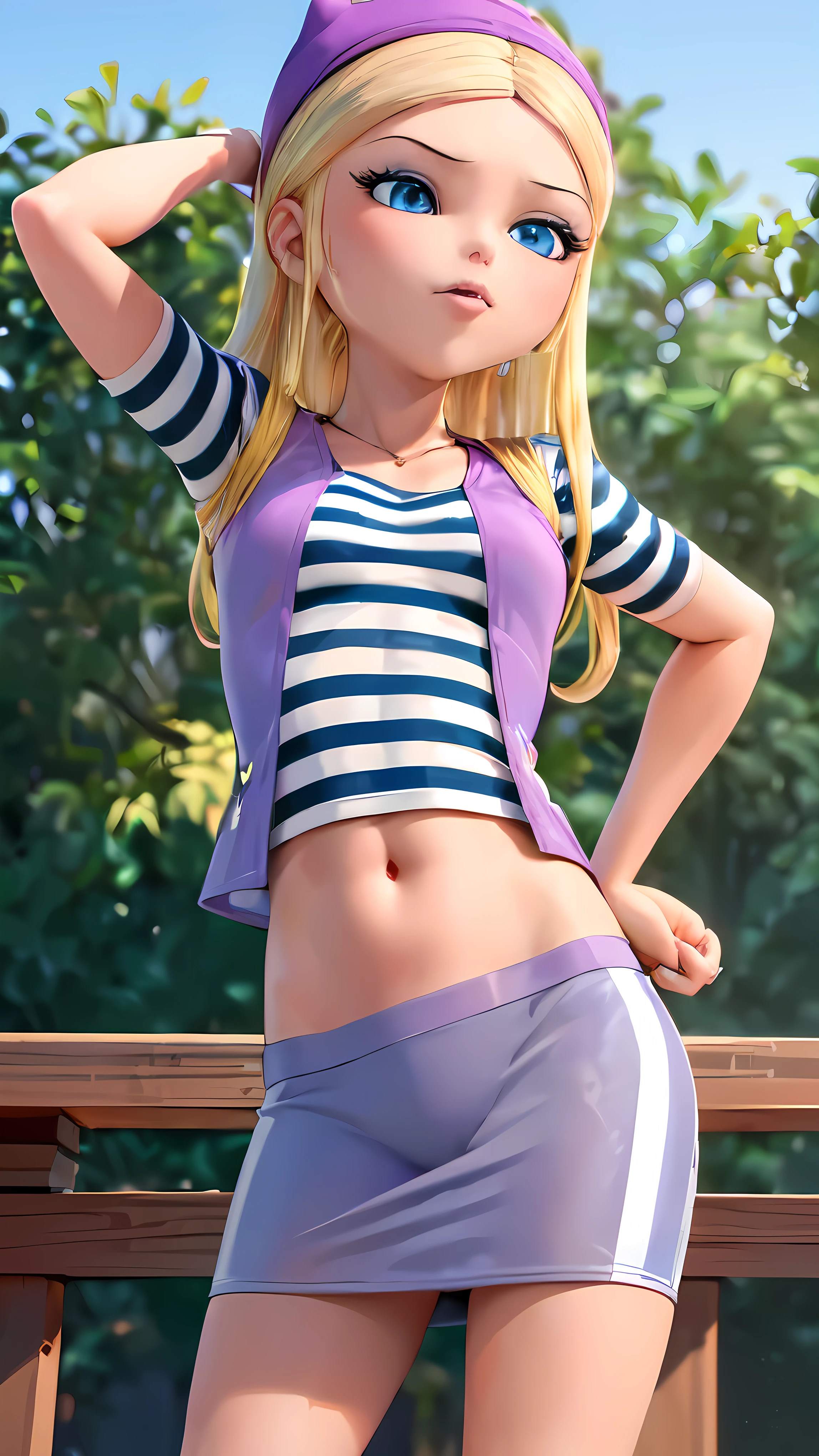 (8k, RAW photo, best quality, masterpiece:1.2), (intricate details), highres, perfect eyes, perfect face, perfect lighting, beautiful, (masterpiece:1.2), (best quality:1.2), 1girl, solo, chloe, blue eyes, blonde, sunglasses on the head, yellow beanie, yellow vest, white miniskirt, black white striped shirt, long yellow socks, navel shirt