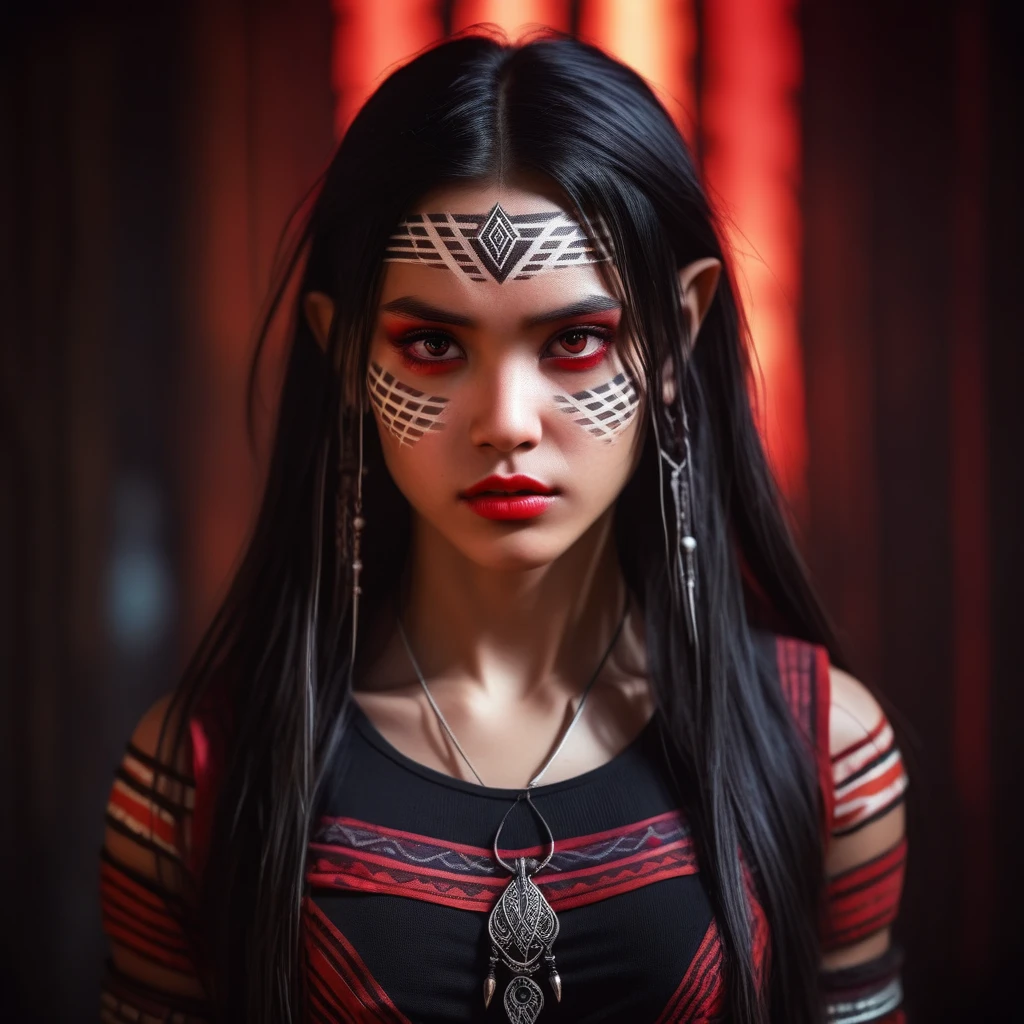 avatar character, ((face portrait:1.5)), 1girl, female, (gray skin tone:1.0), (long hair:1.0), black hair color, red eyes, (young adult), 18 years old:1, (pointy fangs), face wrinkles, wearing tribal clothing, wearing a top, detailed eyes, toned body, muscled body, vibrant colors, glowing, ethereal atmosphere, surrealistic dreamy lighting, textured skin, otherworldly beauty, mesmerizing photography, (best quality, highres), vivid colors, ultrarealistic, skin details, striped skin, sfw, face close-up:0.5, ultradetailed body