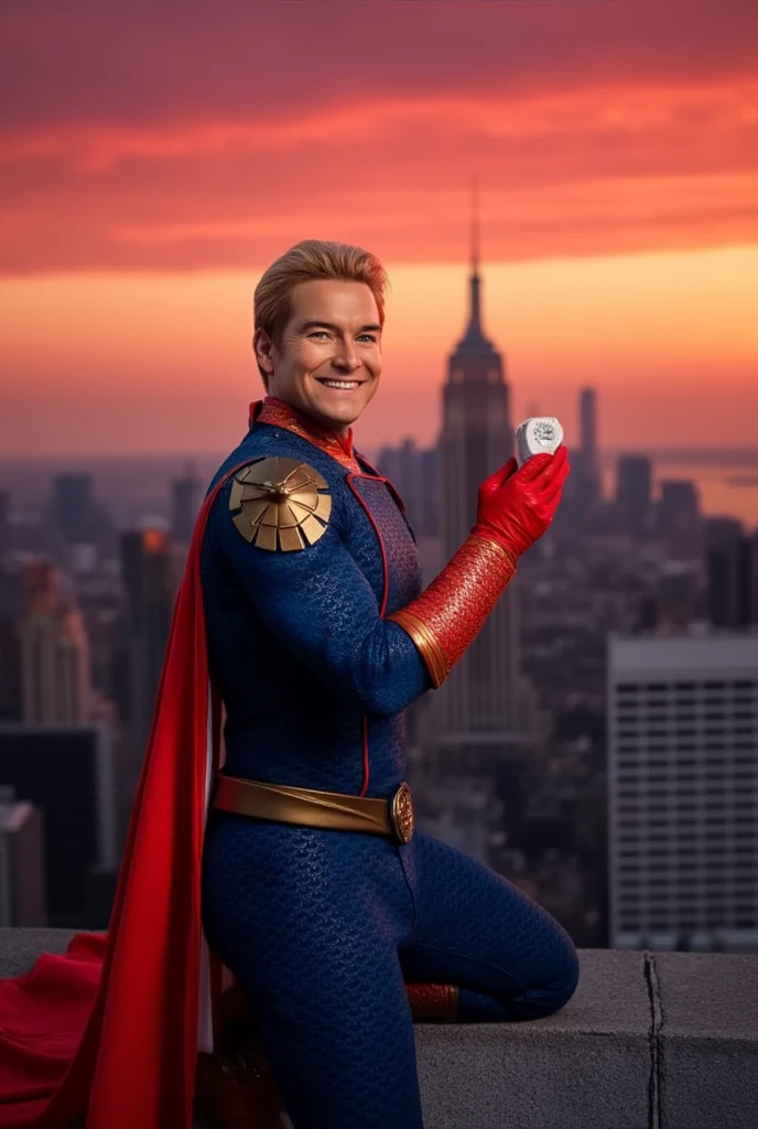 Homelander wearing a superhero outfit with a cape, blonde hair, blue eyes, red gloves, down on one knee, holding a small box with a diamond ring inside, proposing to the camera, POV proposal, 1boy, ((((((((((((((((((solo)))))))))))))))))), (((smiling))), full body, on the roof of a building in New York City, beautiful red sunset, picturesque, 4k, masterpiece, ((((looking at the camera)))), happy