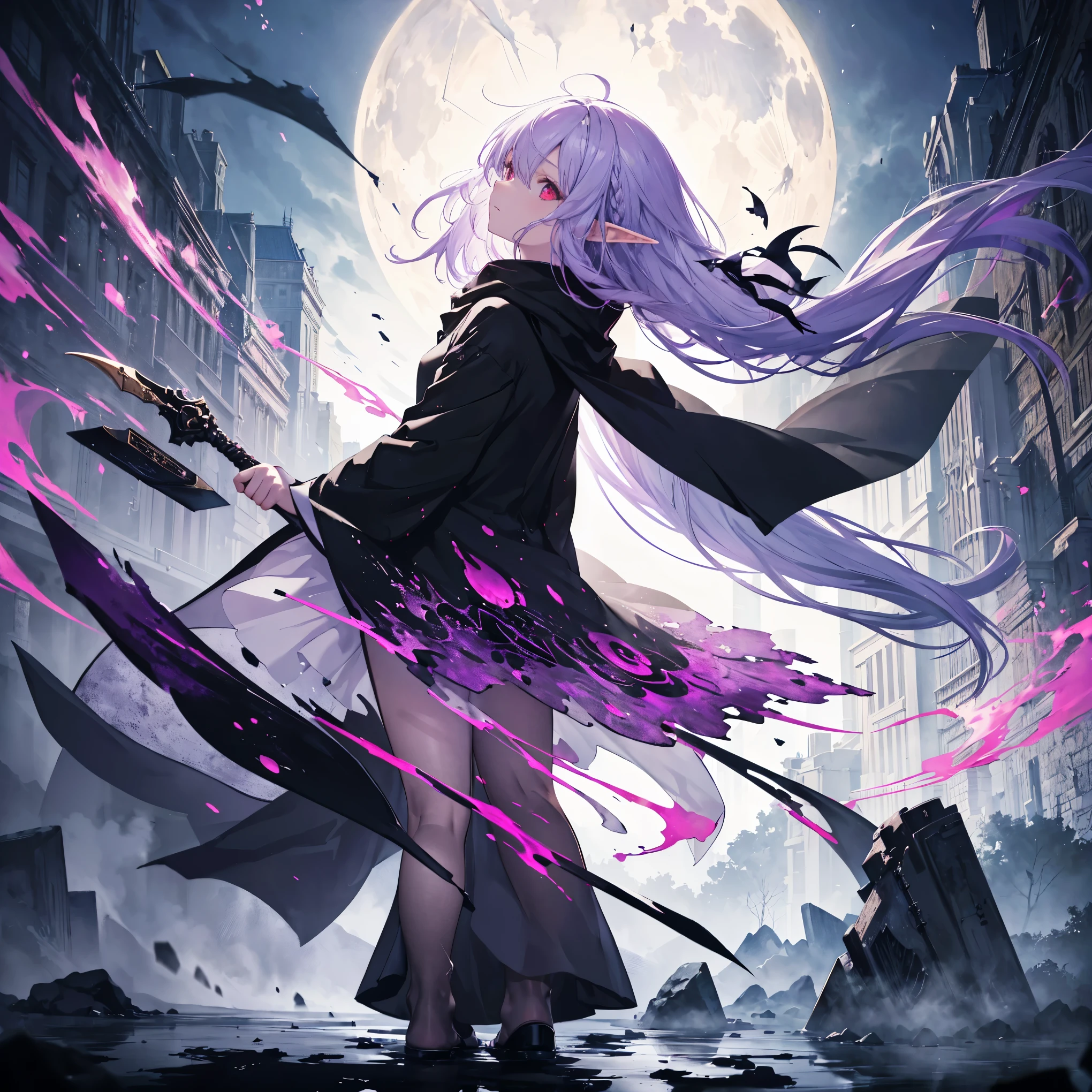      high quality, masterpiece, Delicate hair,   Delicate Eyes  , Delicate hair, ((masterpiece, 最     high quality)),      high quality, masterpiece, Delicate hair,   girl  ,( Purple Hair)),((red eyes)), Daikon,Long Hair,Elf Ears,(  Black Longsword   ),(loose Long Hair),((Black Cape)),(Cape Hood),(Red Stove    ),scarf,Moon in the Sky, knight ,   Floating purple flower autumn ,      Strong Shadows     ,Ash,,ice,((Ink wAsh painting)),((ink splAshing)),((color splAshing)),