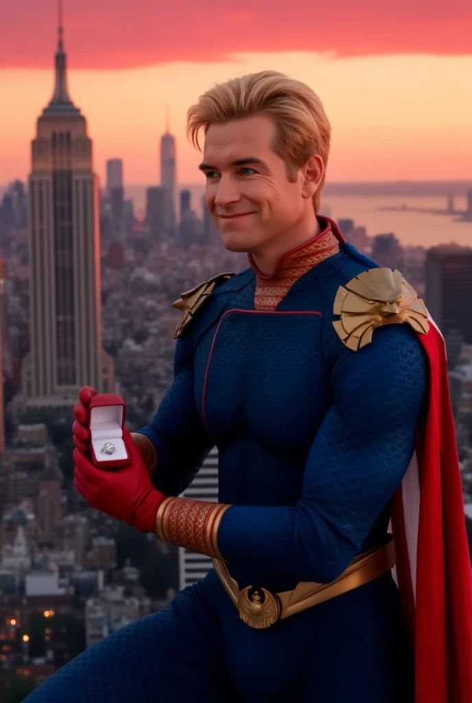 Homelander wearing a superhero outfit with a cape, blonde hair, blue eyes, red gloves, down on one knee, holding a small box with a diamond ring inside, proposing to the camera, POV proposal, 1boy, ((((((((((((((((((solo)))))))))))))))))), (((smiling))), full body, on the roof of a building in New York City, beautiful red sunset, picturesque, 4k, masterpiece, ((((looking at the camera)))), happy