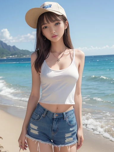 1 girl、25 years old、beautiful 、I can see you down there 、full body sbian、black hair、Tight size hot pants、Beach、a little smile、
