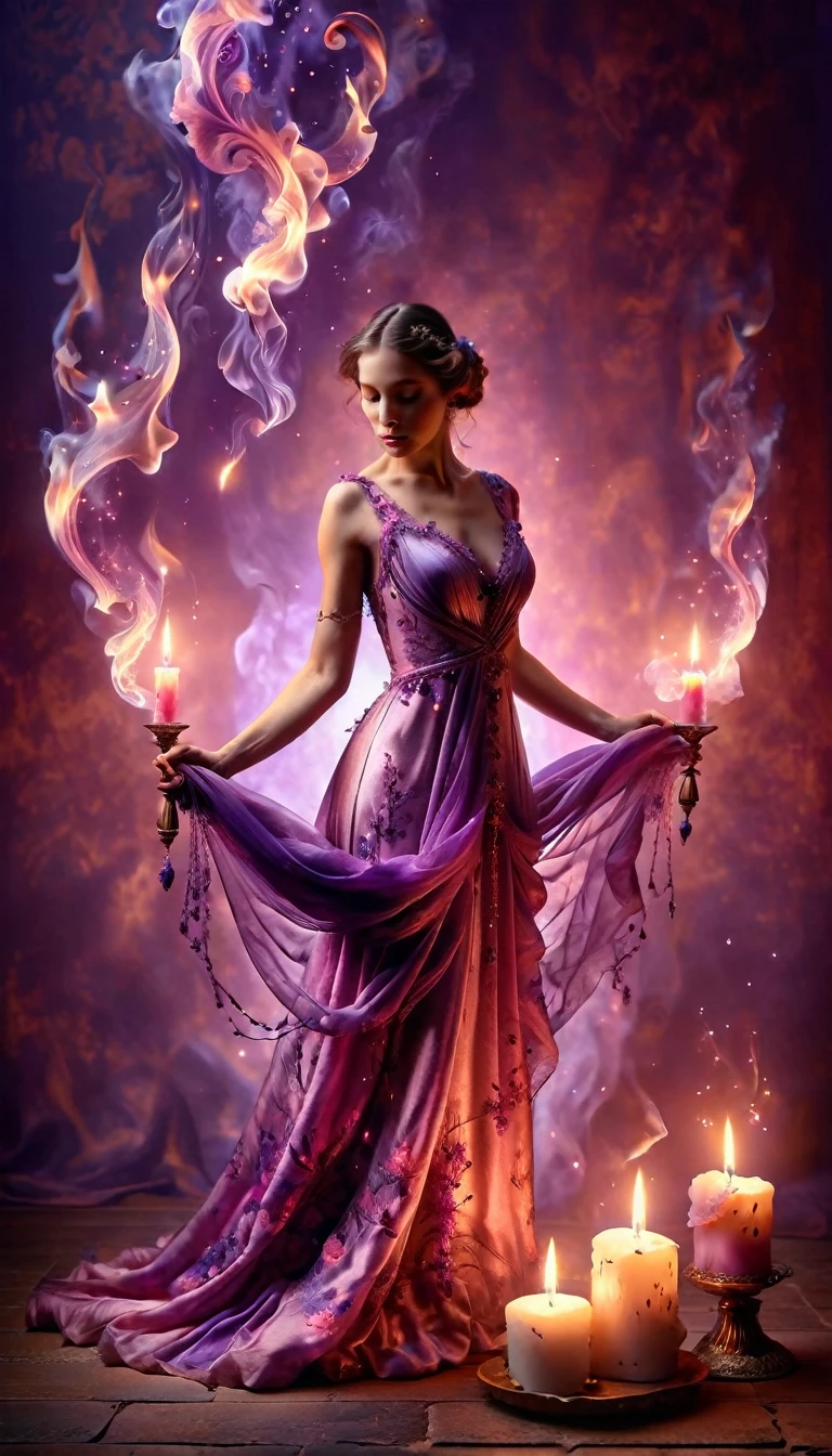 Made by AIS-RCN, 8K Photo, "words,   like a beautiful woman in a dress wrapped in purple flames,    floats in front of an antique candle  ,    turning thoughts into delicate works of art  .", Supple,   Side Light, Beautiful fluorescent pink background   