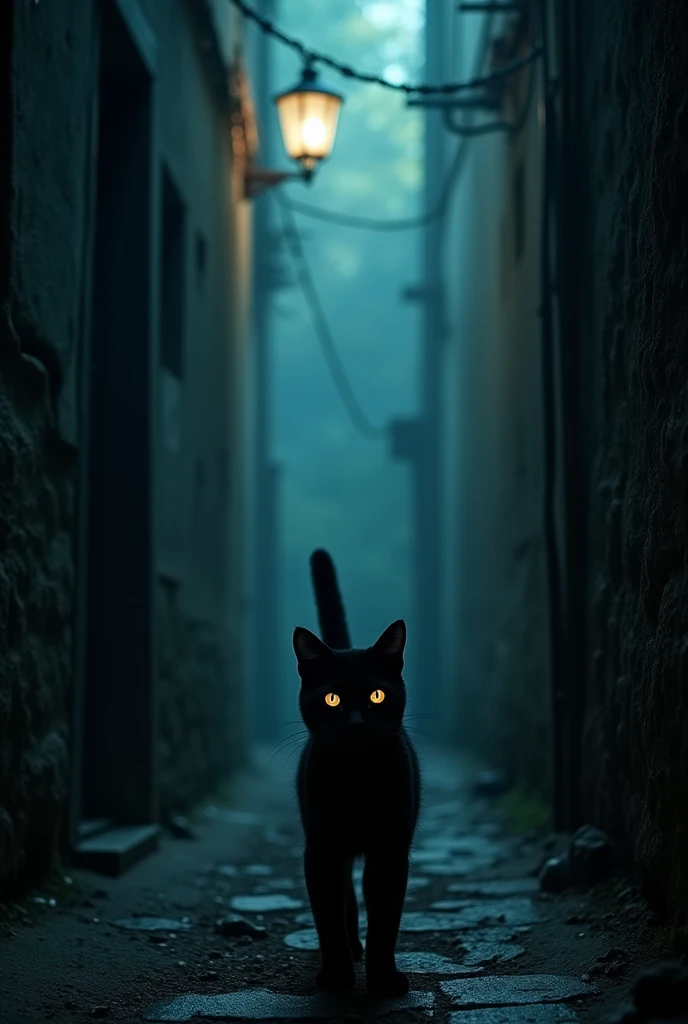 A dimly lit, mysterious alleyway glows with an otherworldly aura, as a sleek black cat pads softly through the shadows. The air is thick with mist, and the walls seem to absorb what little light there is, leaving only a faint, eerie luminescence. The cat's eyes gleam like tiny lanterns in the darkness, as it moves with stealthy purpose down the deserted alley.