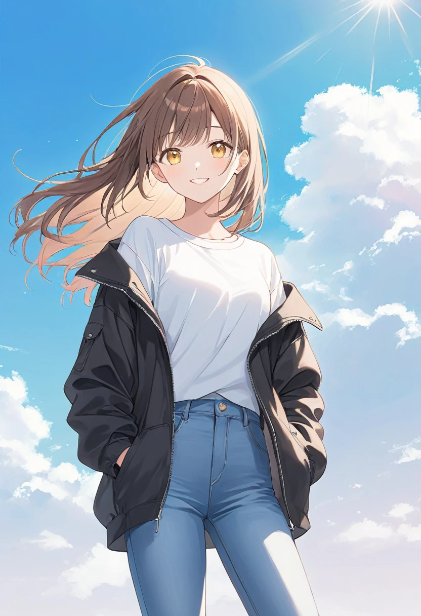  one woman, put your hands in your pocket,pastel,smile,happiness,Yellow Eyes,Brown Hair,Long Hair,  black drop shoulder jacket,Wear jeans, white shirt , The background is blue sky, Light Shines In ,Woman&#39;s back, masterpiece,Best Quality,Exquisite,8k, absurd,Ultra-detailed illustrations,( I feel the audience )