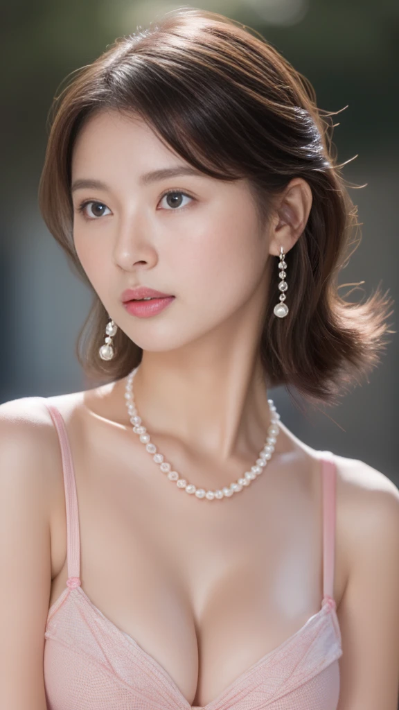  bust of a beautiful Japanese girl with porcelain-like skin, Rose Cheeks, Pink shiny lips,  face up 、micro bikini and pearl necklace 、 (8k, Best Quality : 1.2), (masterpiece,  photorealistic : 1.3),   super detail,  anatomically accurate 