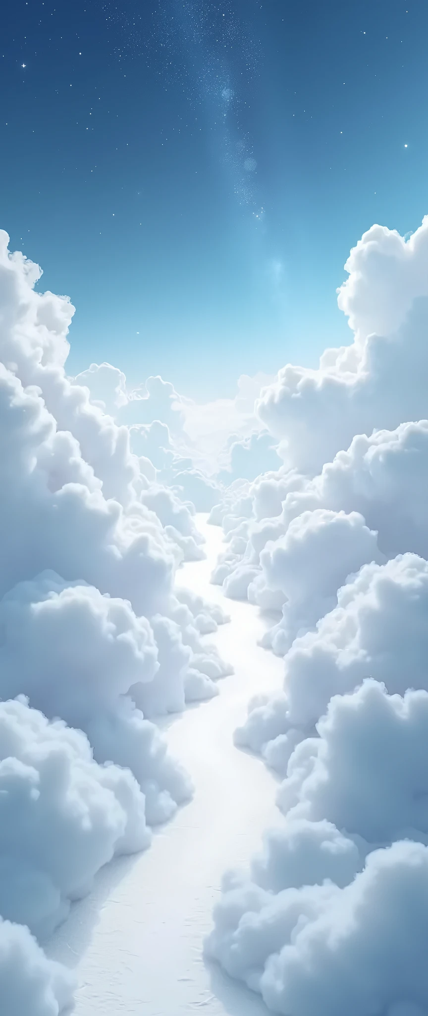 pure white narrow road made by cloud, above the clouds stretches to far beyond. pure white place . mystical alley. alley to heaven. bright, shiny, nothing you can see instead of alley. looks like a dream